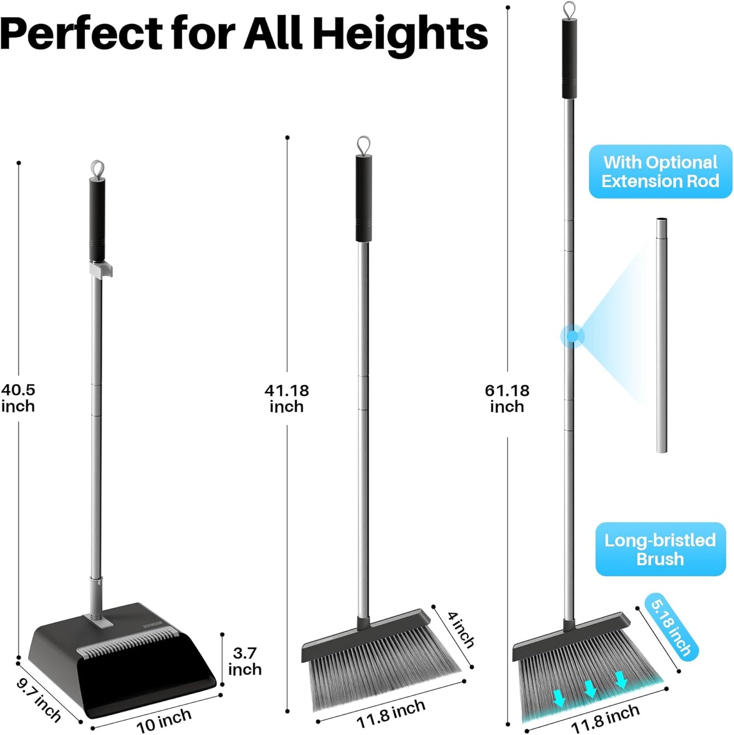 JOYMOOP Black Broom and Dustpan Set, Upright Angle Design with Built-in Comb Teeth for Home, Office, Hardwood Floors, Pet Hair