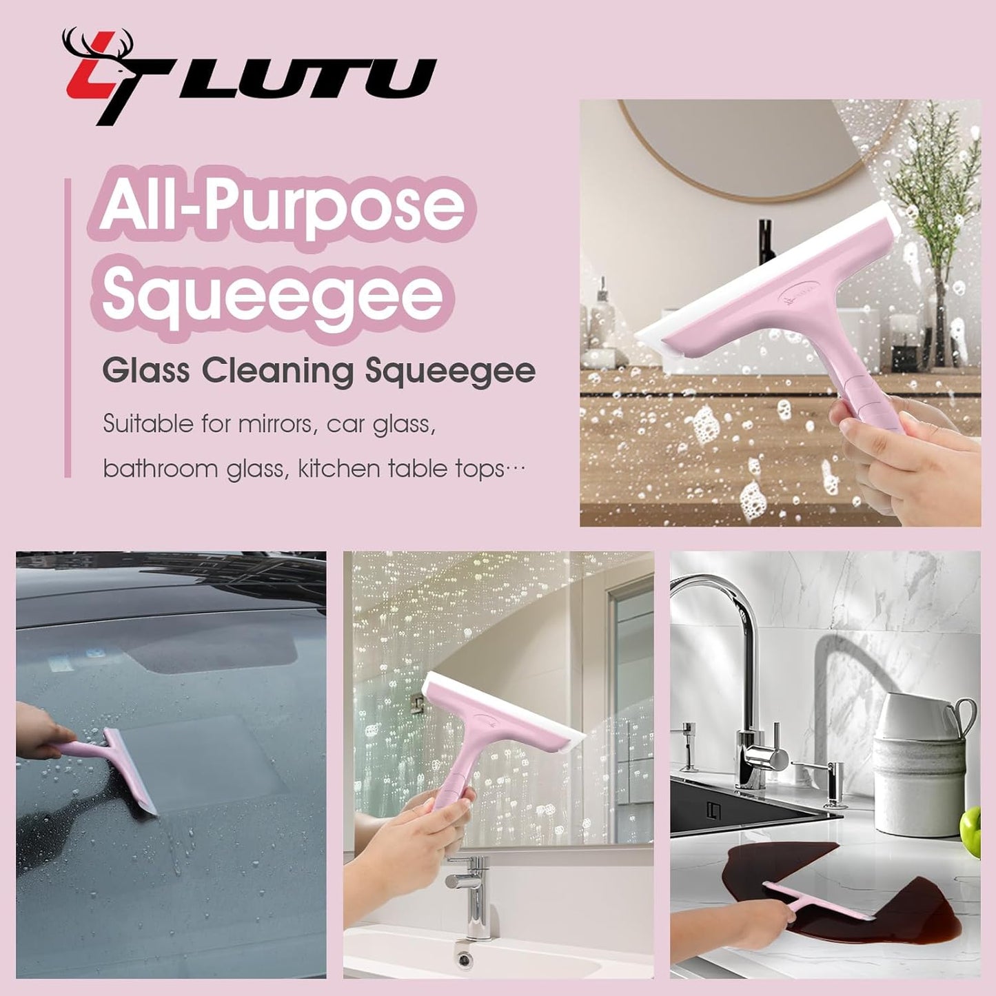 Shower Squeegee for Glass Doors, Bathroom Squeegee for Shower, Mini Window Squeegee, Home Bathroom Silicone Cleaner Tool, Suitable for Bathroom, Kitchen, Tile, Mirror, Car Glass, 8in Rose Pink