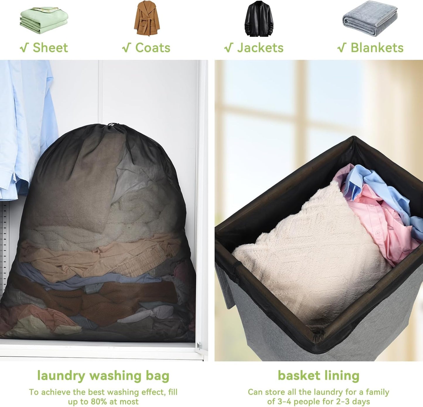 OTraki 2pcs Ex Large Mesh Laundry Bags 36x43 Inch Fine Mesh Washing Bag Drawstring Dirty Clothes Machine Washable Net Laundry Bag Heavy Duty Garment Bag for Home Travel Dorm Black