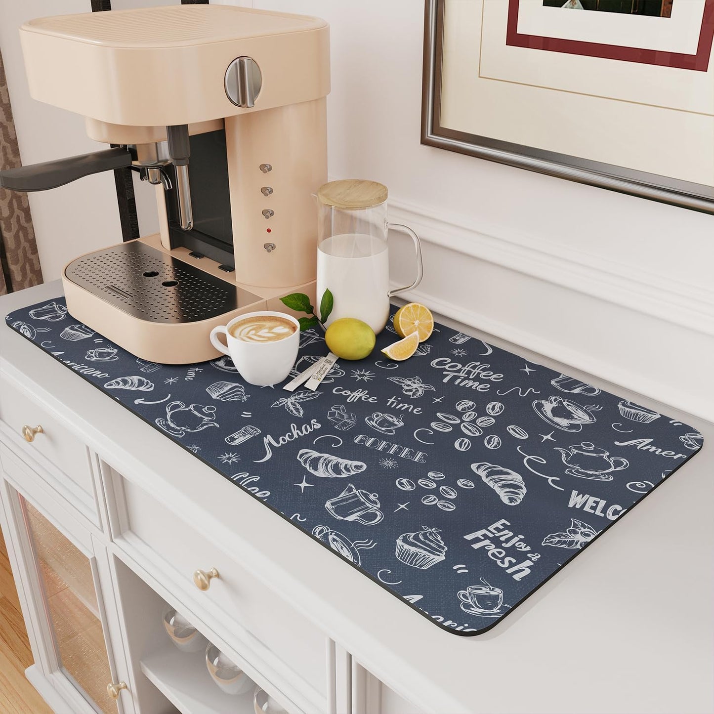 AMOAMI Coffee Mat Hide Stain Rubber Backed Absorbent Dish Drying Mat for Kitchen Counter - Fits Under Coffee Maker & Machine - Dust Blue (17X31.5)
