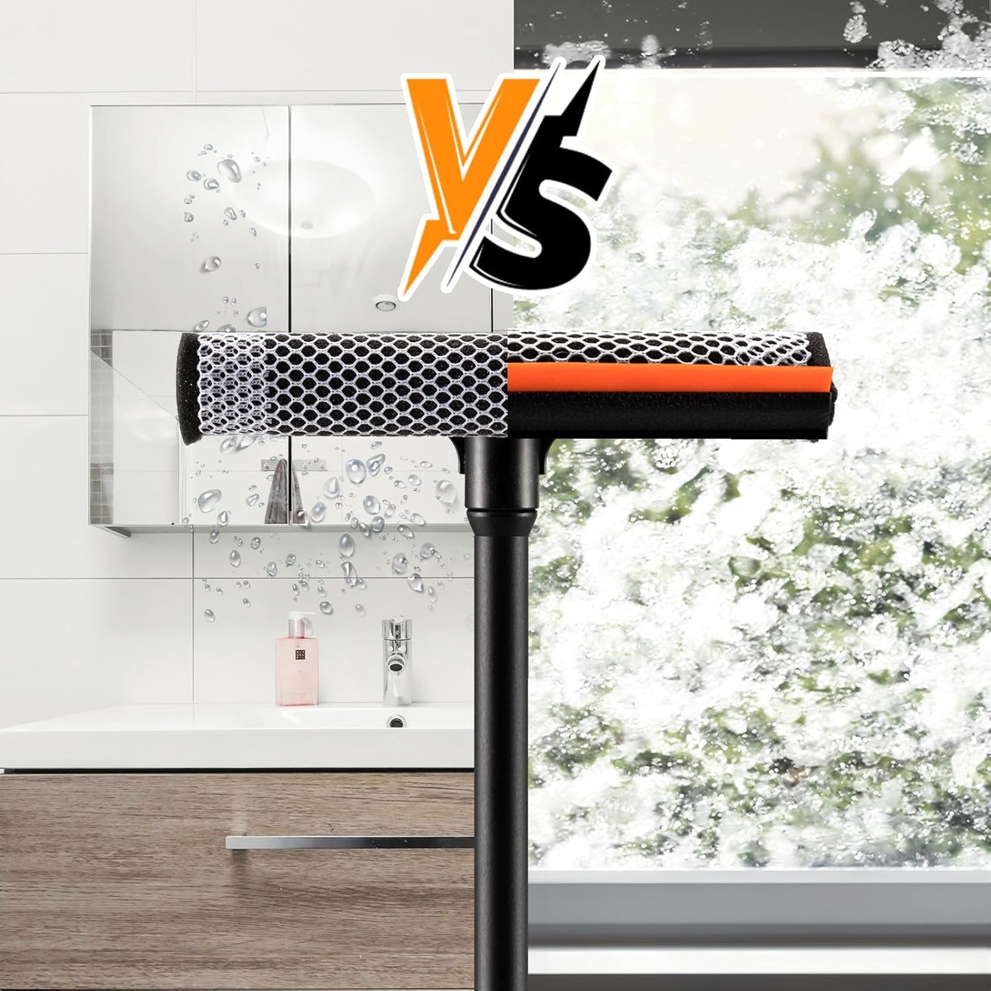 2 in1 Window Squeegee for Car, Window Cleaner with 16inch Long Handle,Sponge Car Window Squeegee for Gas Station, Glass,Shower,Outdoor High Window Cleaning