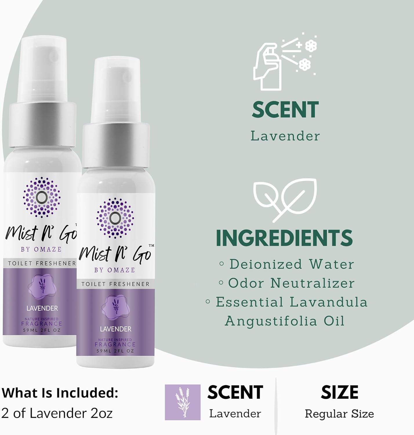 Mist N’ Go by Omaze Travel Bathroom Spray for Toilet Spray Odor Eliminator - Travel Toilet Spray for Bathroom Air Freshener Spray for Bathroom Deodorizer - Lavender Regular Size (2oz x2)