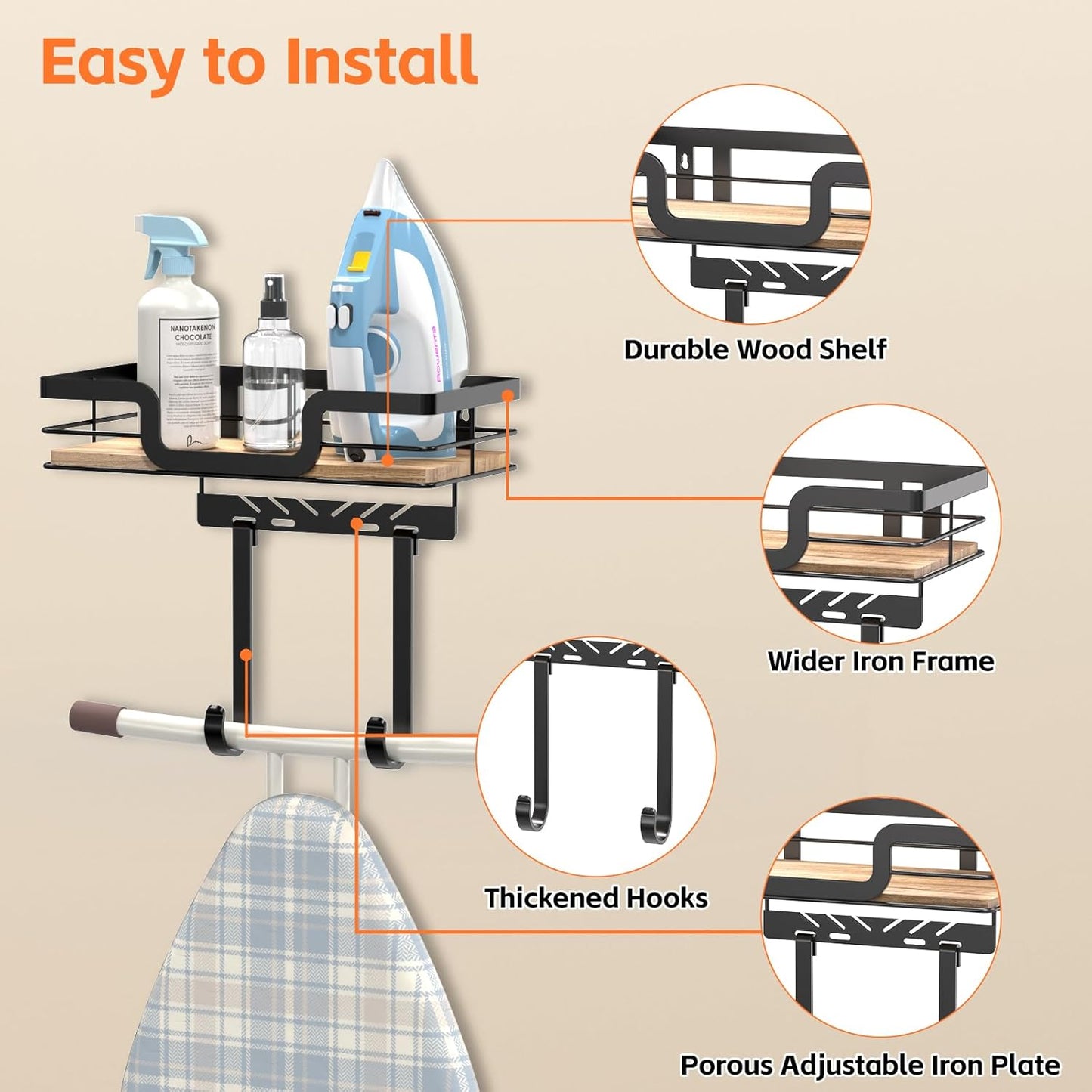 Ironing Board Holder Wall Mount, Laundry Room Organization Storage, Black, T&V Shaped Space Saving Ironing Board Hanger for Laundry Room Decor and Accessories