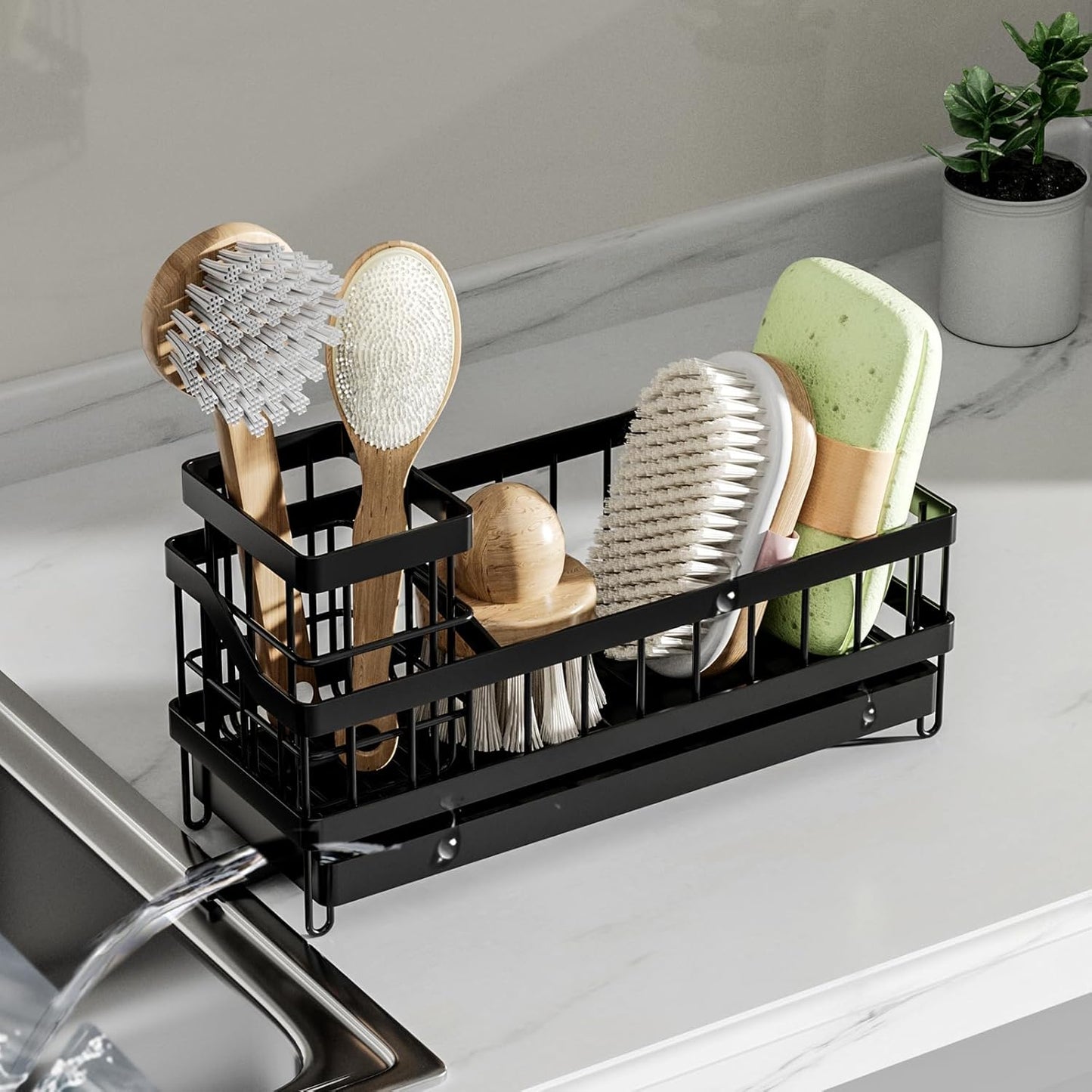 Large Sponge Holder for Sink, Stainless Steel Sink Caddy Organizer with Rotatable Spout - Kitchen Sink Organizer for Sponges, Brushes, Detergent & Sink Stopper - Space Saving Home Essentials