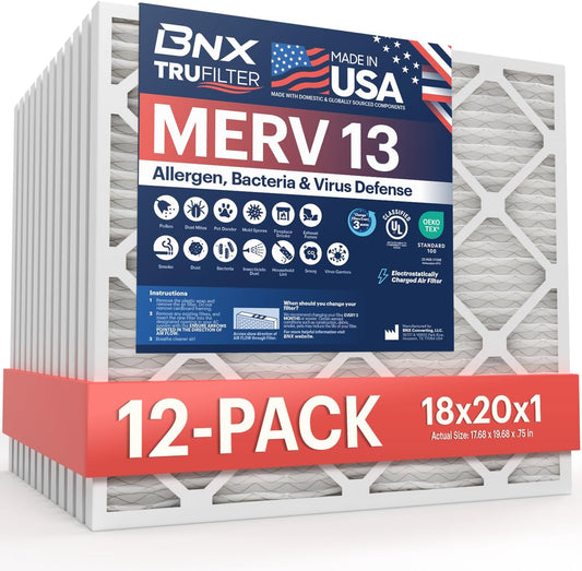 BNX TruFilter 18x20x1 Air Filter MERV 13 (12-Pack) - MADE IN USA - Electrostatic Pleated Air Conditioner HVAC AC Furnace Filters for Allergies, Pollen, Mold, Bacteria, Smoke, Allergen, MPR 1900 FPR 10