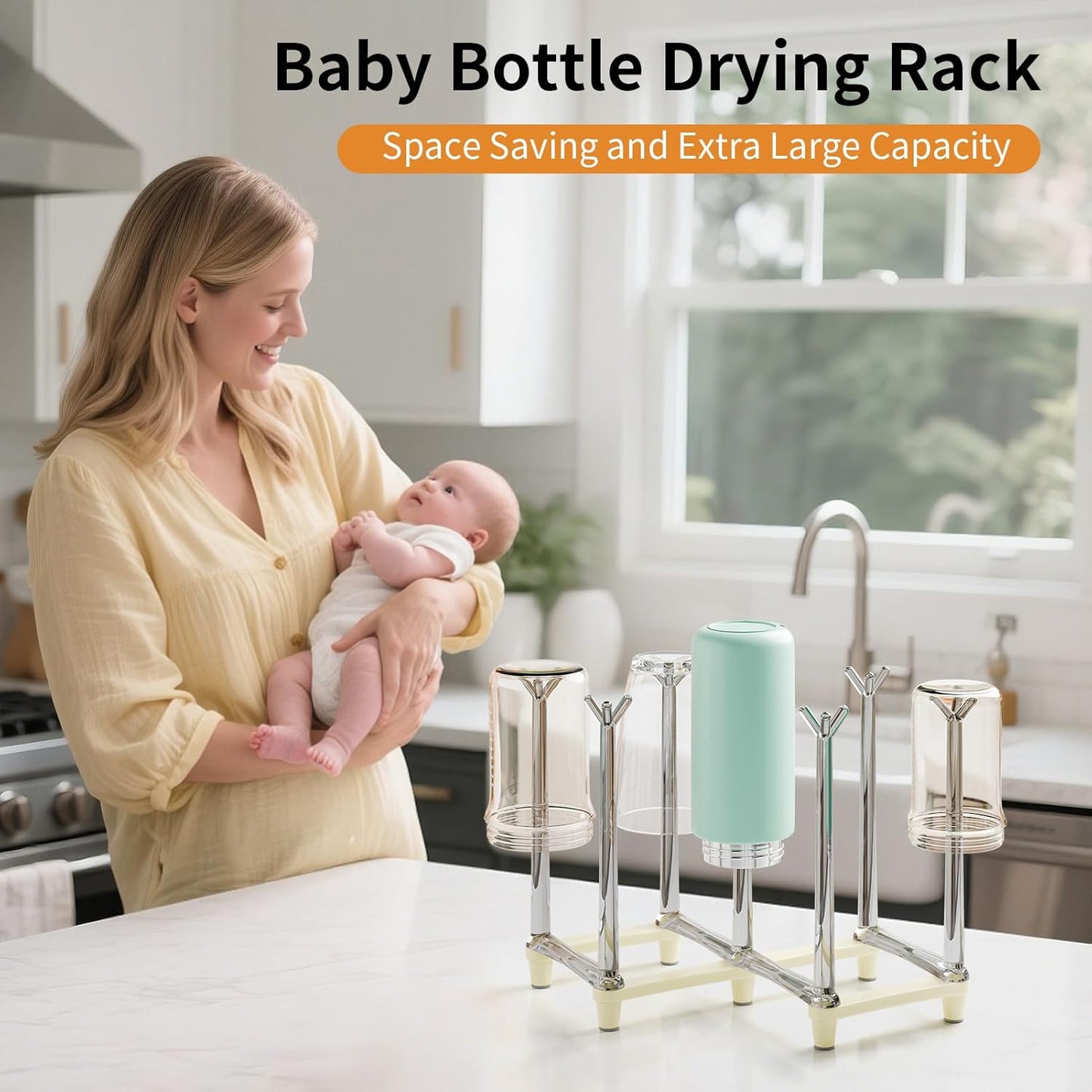 Marbrasse Retractable Cup Drying Rack, Drinking Glass and Sports Bottle Drainer Stand, Plastic Bag Dryer with Non-Slip Bottom for Kitchen Countertop, 2p - White