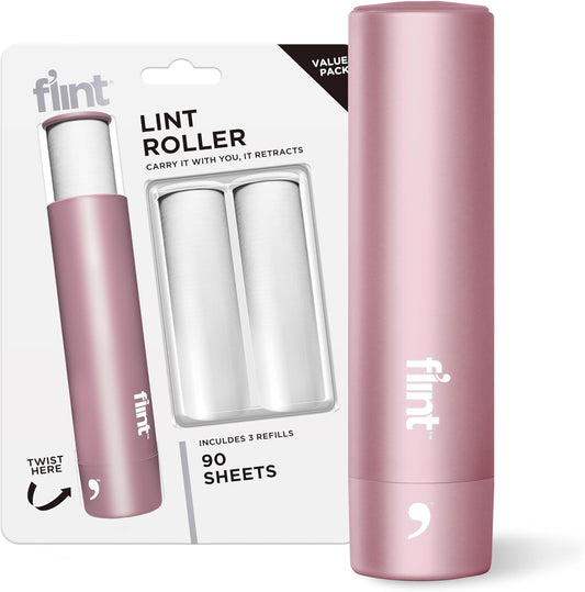 Flint Rose Gold Retractable Mini Lint Roller with 90 Extra Sticky Sheets, Small and Portable Lint Roller, Ideal Pet Hair Remover, Travel Lint Rollers for pet Hair Extra Sticky