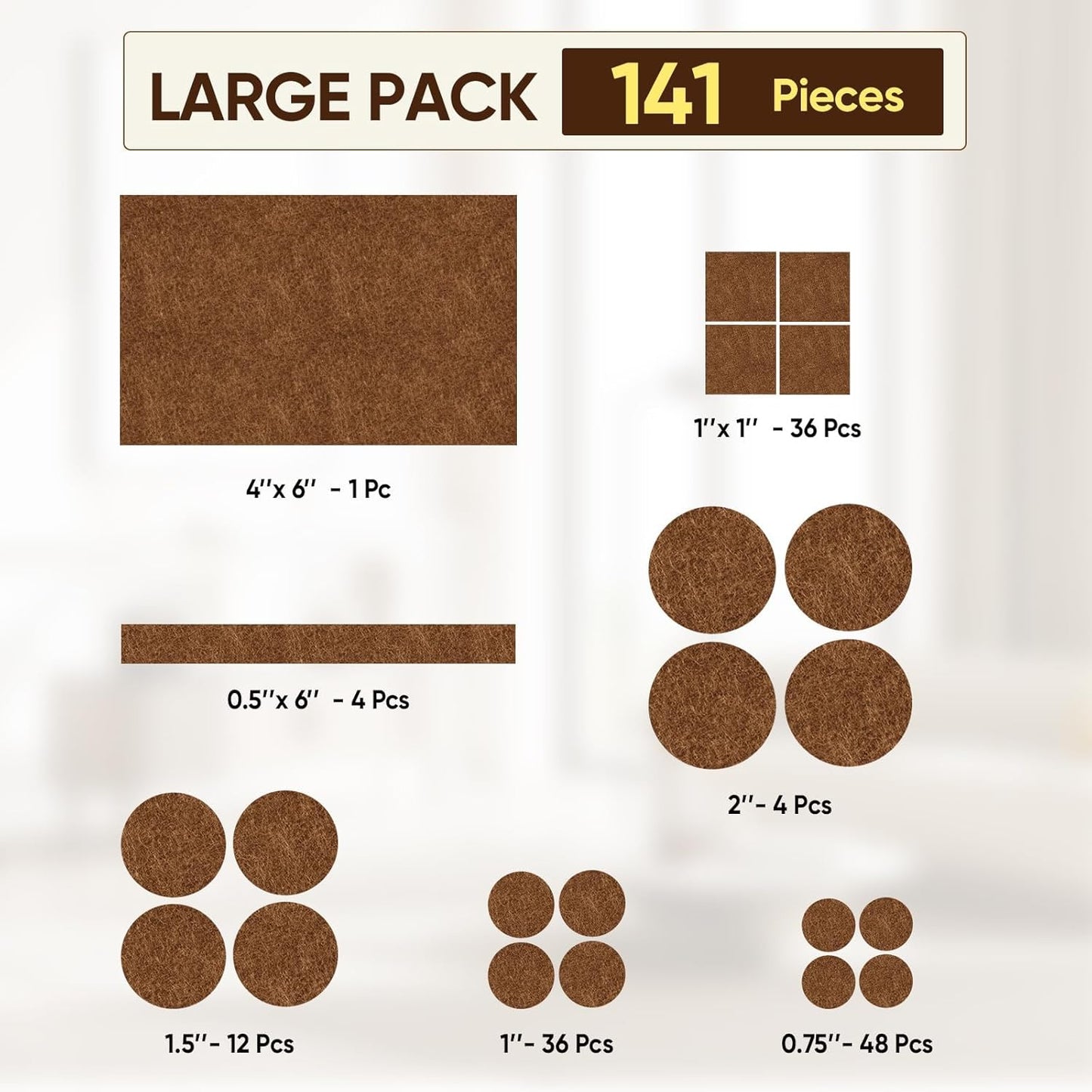 BALEINE 141PCS Felt Furniture Pads, Multi-Size Felt Pads for Chair Legs, Tables, Beds, Scratch-Reducing Floor Protectors for Hardwood Floors, Tile, Vinyl, and Laminate (141PCS, Brown)