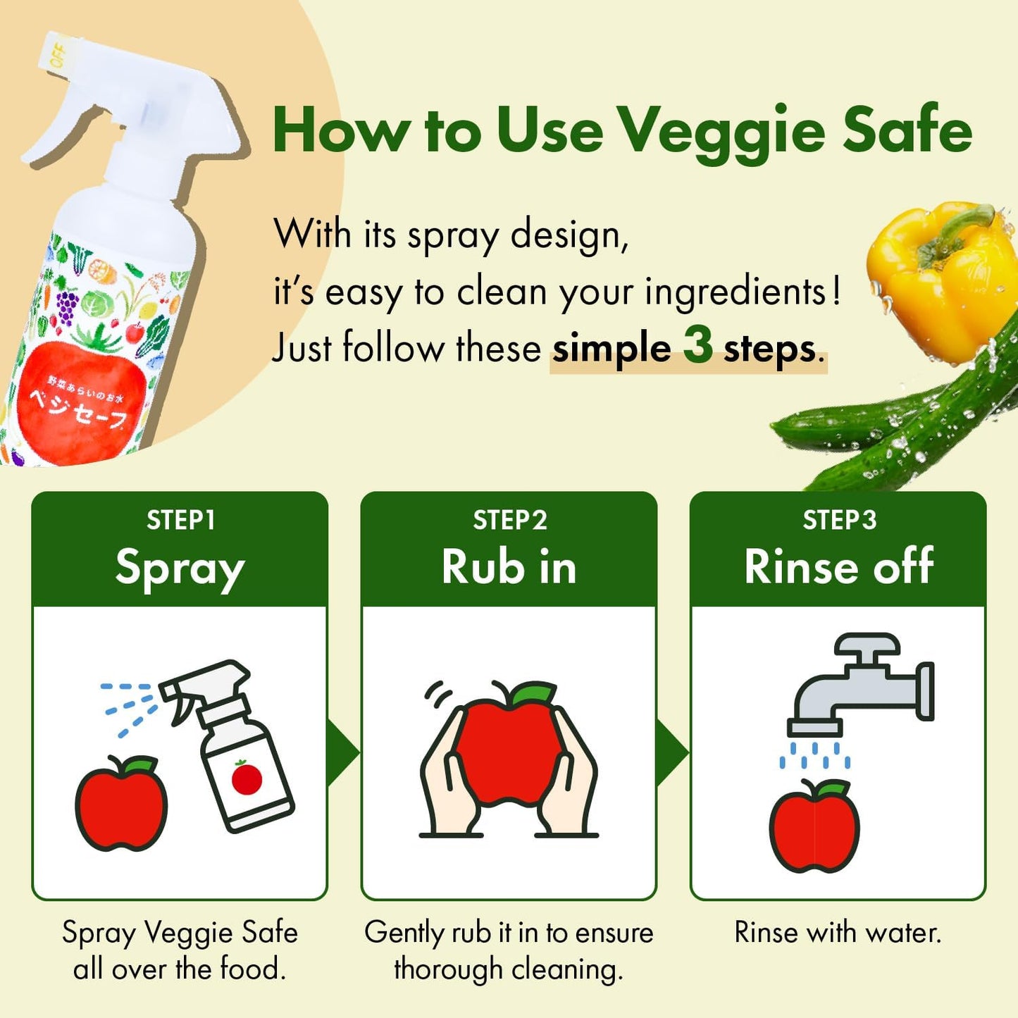 "Veggie Safe" Food Cleaning Solution Spray (400ml / 13.5 fl oz), 1 BottlePerfect for Removing Pesticides from Vegetables, Neutralizing Odors from Seafood, Washing Rice, and Wiping Kitchen Surfaces