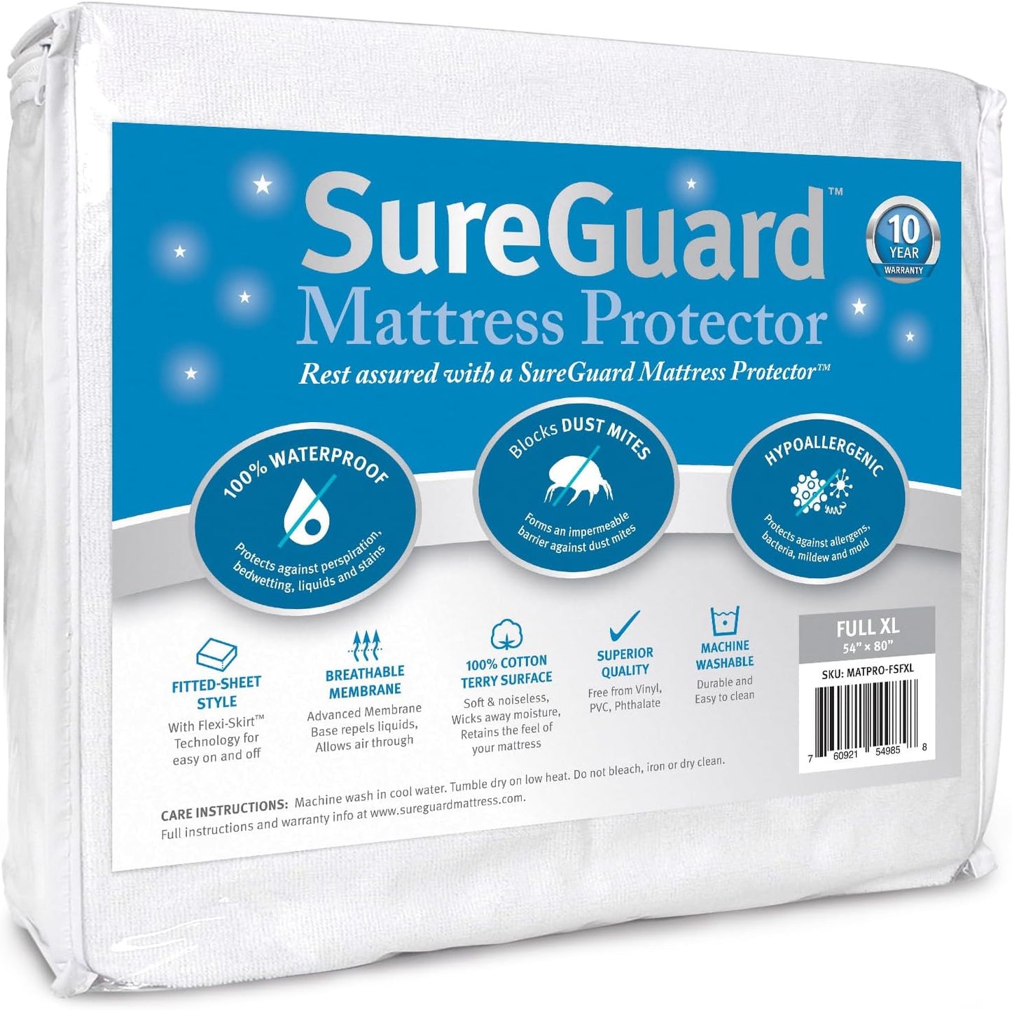 SureGuard Full Extra Long (XL) Mattress Protector - 100% Waterproof, Hypoallergenic - Premium Fitted Cotton Terry Cover White