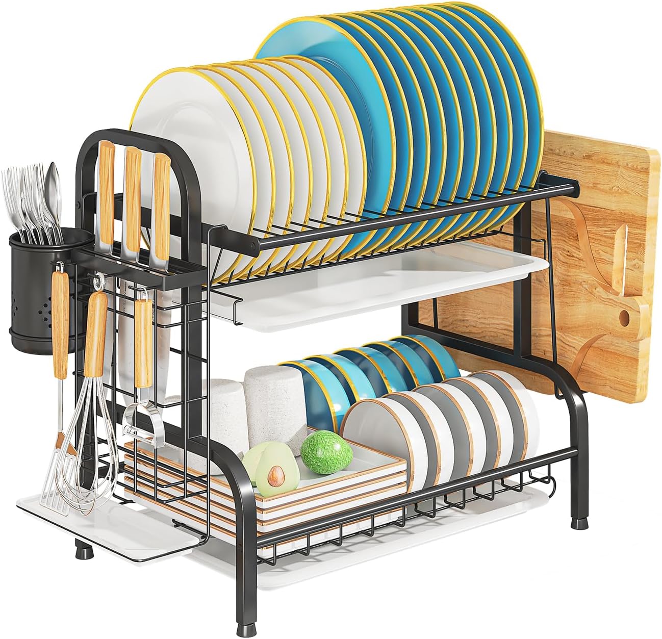 LEGUANG 2-Tier Stainless Steel Dish Drying Rack, Space-Saving Kitchen Organizer for in/Over Sink/Counter, with Removable Drain Tray & Cutlery Holder & Utensil Holder, Black
