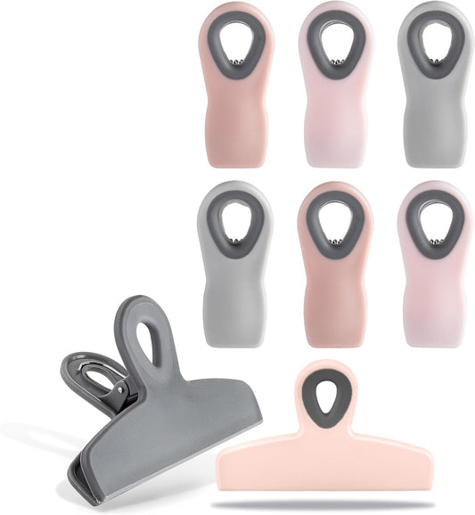COOK WITH COLOR Bag Clips - Heavy Duty Chip Clip and Refrigerator Magnet Clips for Food Storage with Air Tight Seal Grip, Pink and Grey, Pack of 8