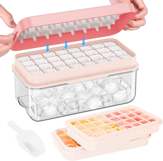 PHINOX Ice Cube Tray with Lid and Bin, Ice Trays for Freezer, Flexible Ice Cube Trays, Making 64 pcs Ice Cubes, Chilling Cocktail, Whiskey, Coffee, with 2 trays, Ice Container, Scoop&Cover, BPA Free