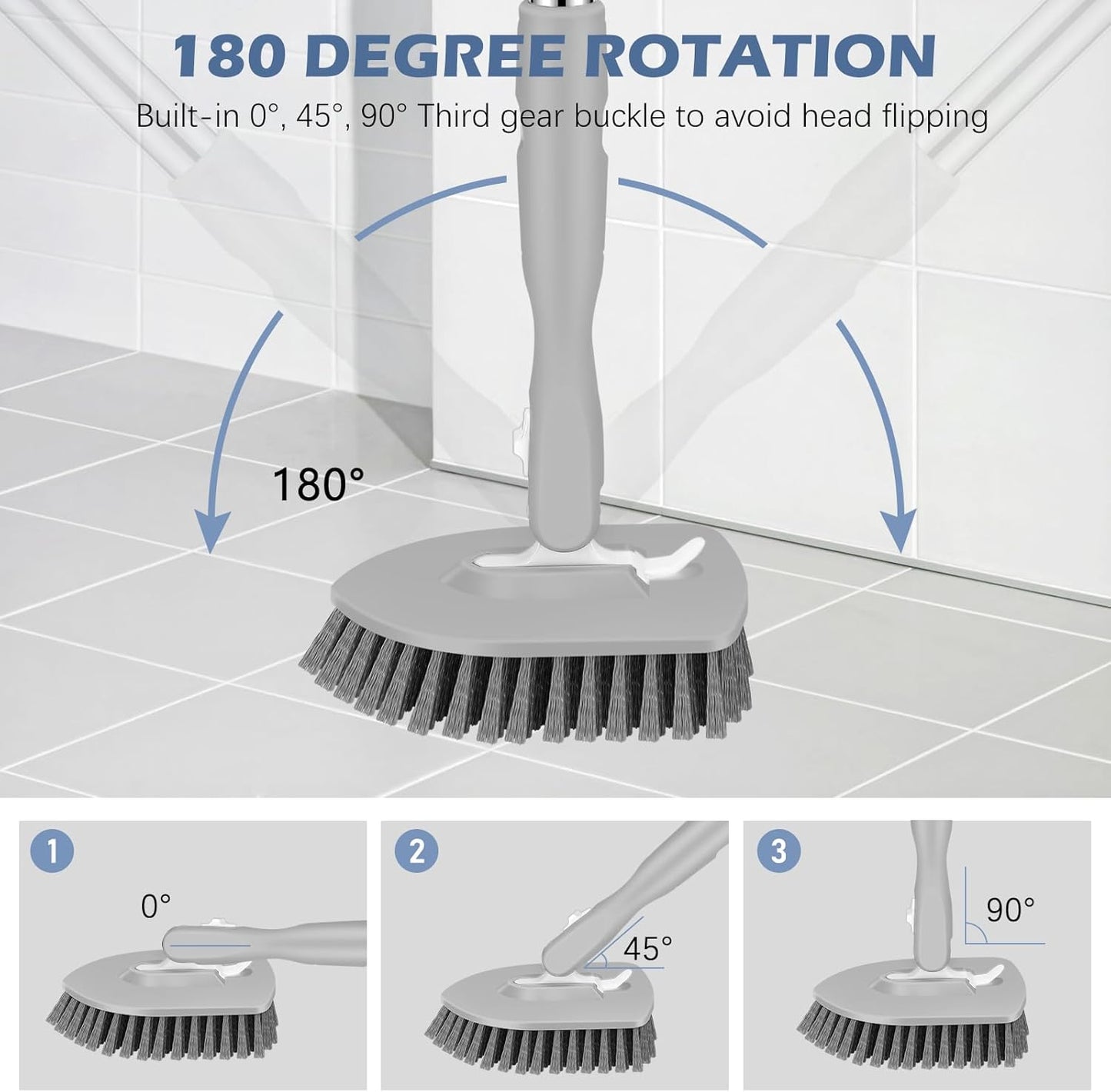 SetSail 4-in-1 Tile Tub Floor Scrubber with 52-inch Long Adjustable Handle Shower Cleaner Brush with V-Shaped Grout Brush and 3 Replacement Brush Heads for Bathroom Kitchen Sink Walls Tub Tile, Grey