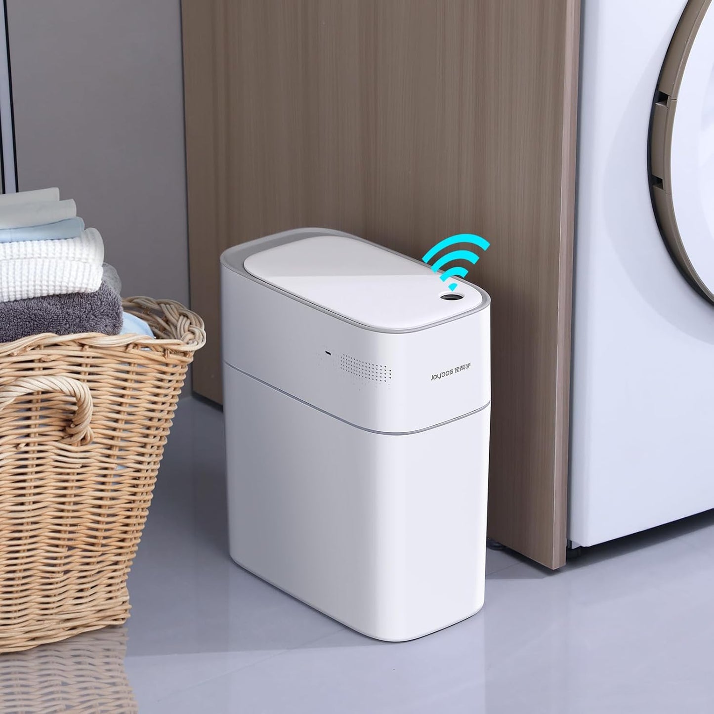 JOYBOS Small Bathroom Trash Cans with Lids,3.8 Gallon Slim White Plastic Automatic Garbage Can,Narrow Motion Sensor Waterproof Trash Bin for Bedroom, Toilet,Office