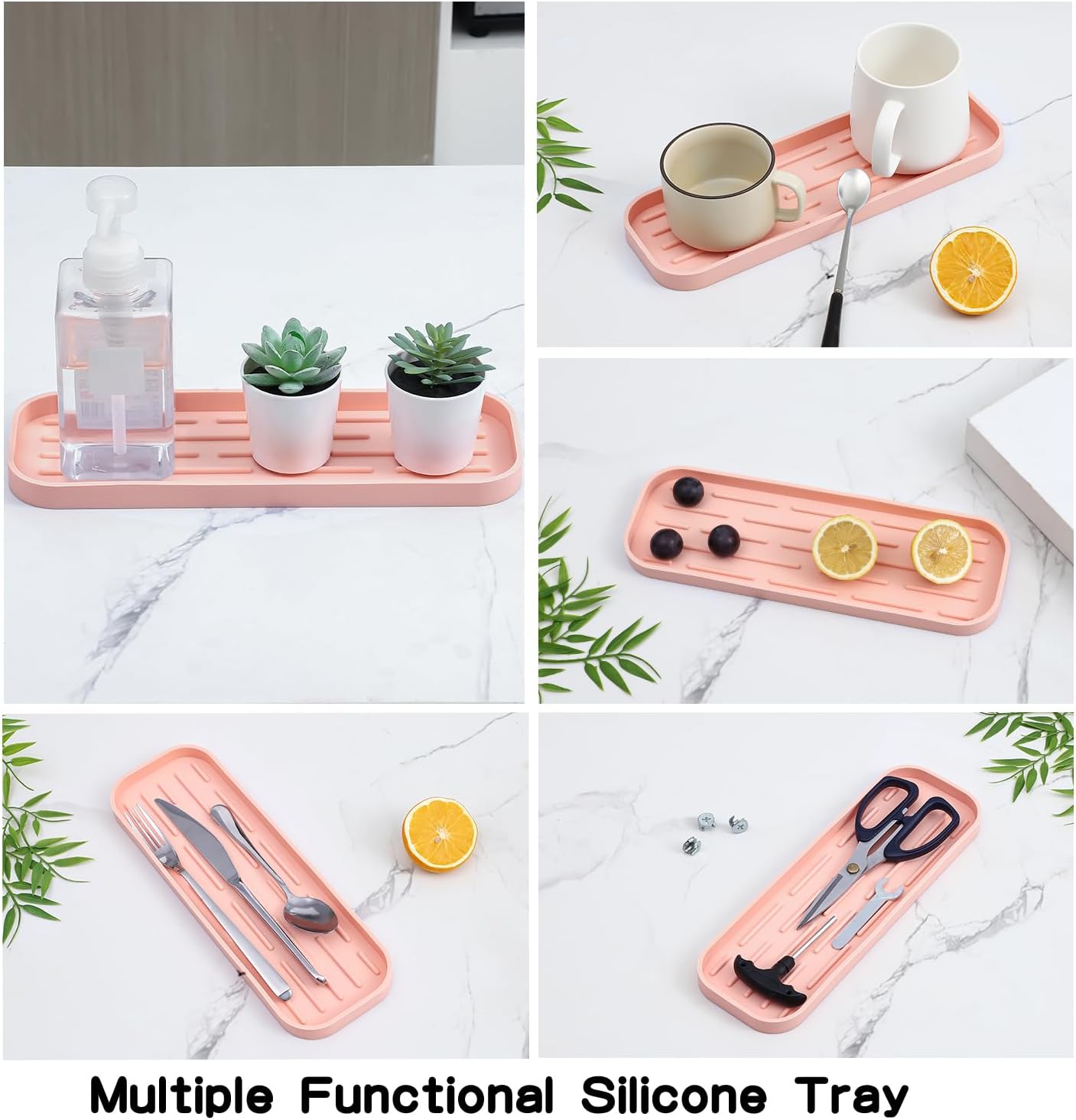 Silicone Kitchen Sink Organizer Tray for Multiple Usage,Easy Clean,Eco-Friendly Sponges Holder for Kitchen Bathroom Counter or Sink,Dish Soap Dispenser,Scrubber,Bottle,Cup Pink 12" x 4”