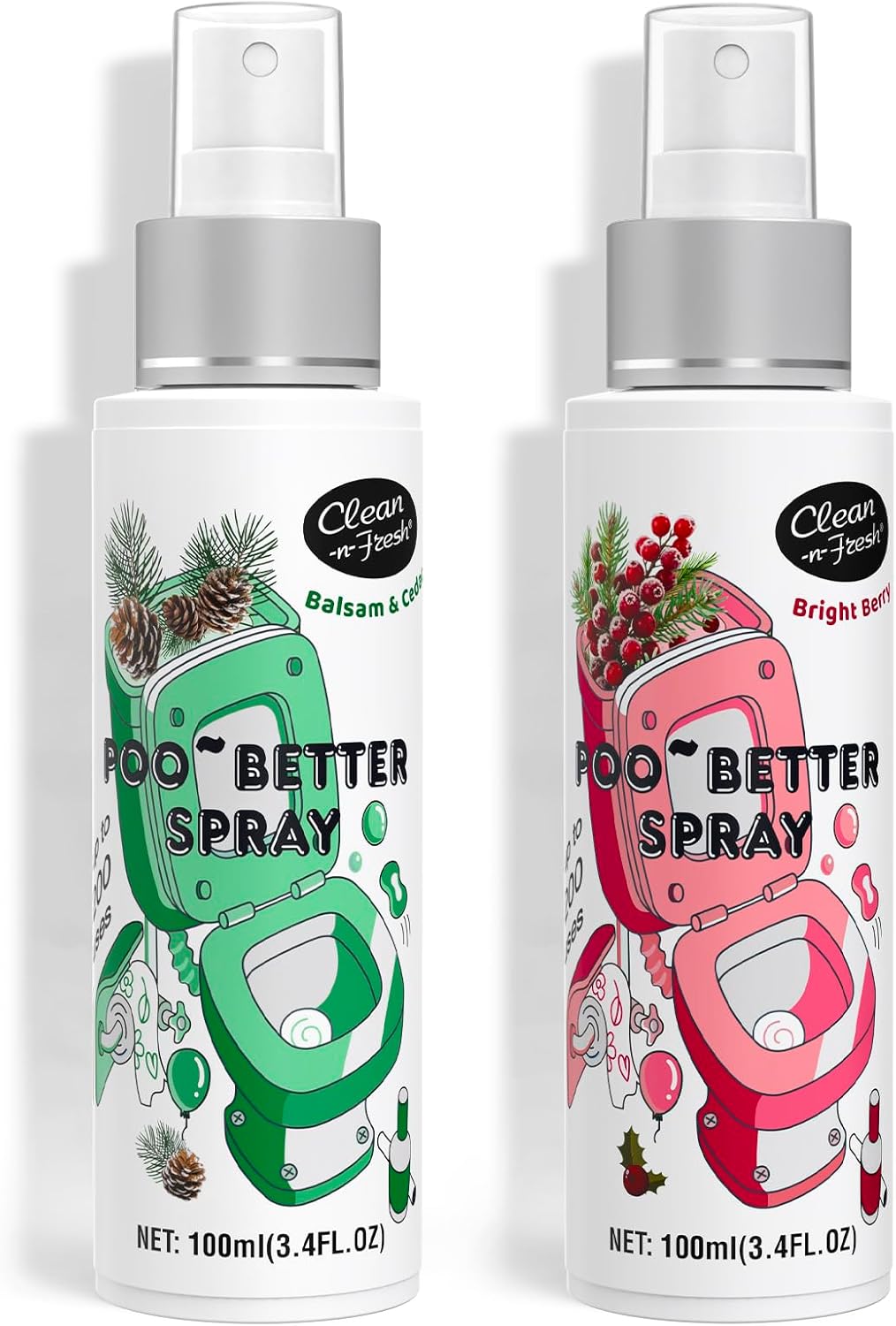 Clean-n-Fresh Toilet Spray, Holiday Pack Gift Set - 6.8 Fl Oz Balsam & Cedar and Bright Berry, Bathroom Odor Deodorizer, Up to 400 Uses