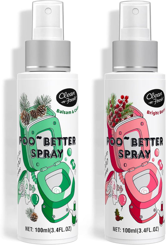 Clean-n-Fresh Toilet Spray, Holiday Pack Gift Set - 6.8 Fl Oz Balsam & Cedar and Bright Berry, Bathroom Odor Deodorizer, Up to 400 Uses