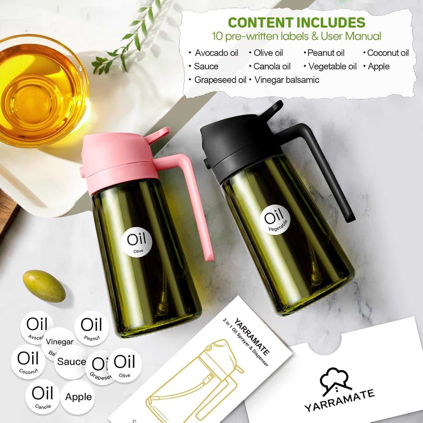 YARRAMATE 16oz/470ml Dark Green Oil Sprayer for Cooking with Stickers, Food-grade Premium 2 in 1 Olive Oil Dispenser Bottle for Kitchen Gadgets, Air Fryer, Salad, Frying, BBQ (Pink)