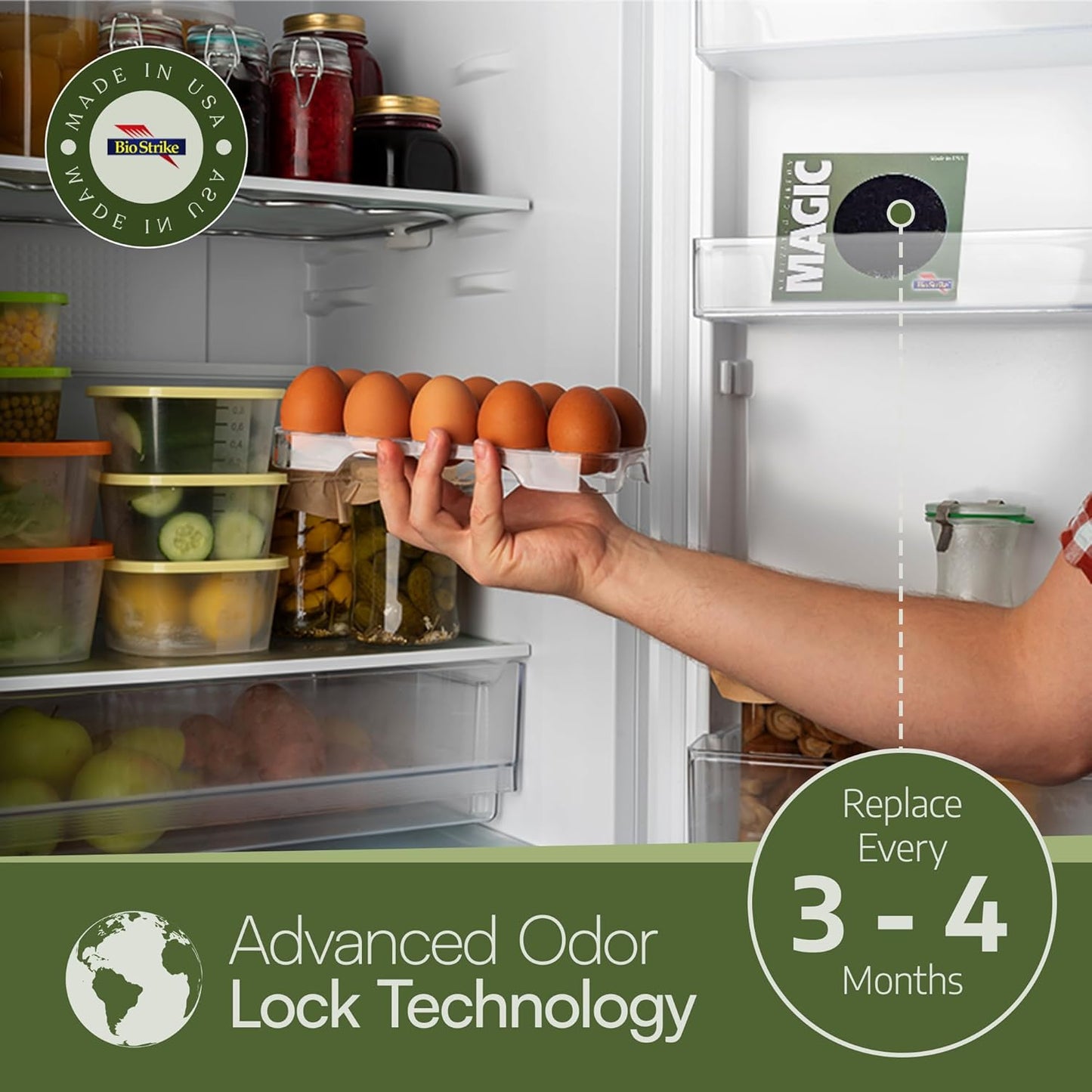 Odor Magic - Activated Charcoal Fridge Deodorizer - Better than Baking Soda - Peel & Stick Kitchen Deodorizer & Air Freshener for Trash Cans, Fridge, Compost, Drawers - Made in USA (1 Pack)