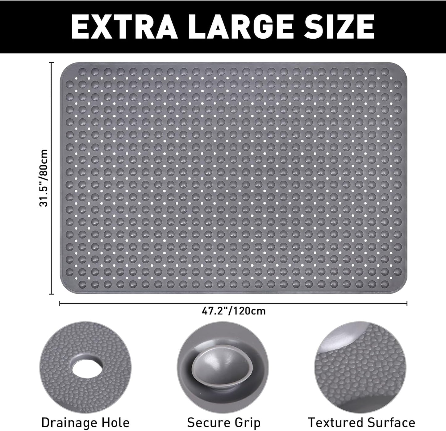 Shower Mat Non Slip: 47.2 x 31.5 Inch Extra Large TPE Shower Mats for Inside Shower - Anti Slip Shower Stall Matt with Drain Hole and Suction Cups for Elderly