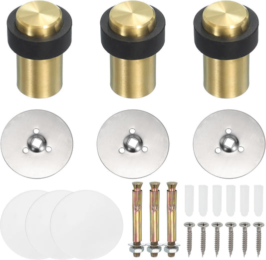 PATIKIL 3Set Round Door Stoppers, 60mm Stainless Steel Door Stop Doorstop Wedge Metal Cylinder Self Adhesive with Screw for Bottom of Door Floor Inside, Gray