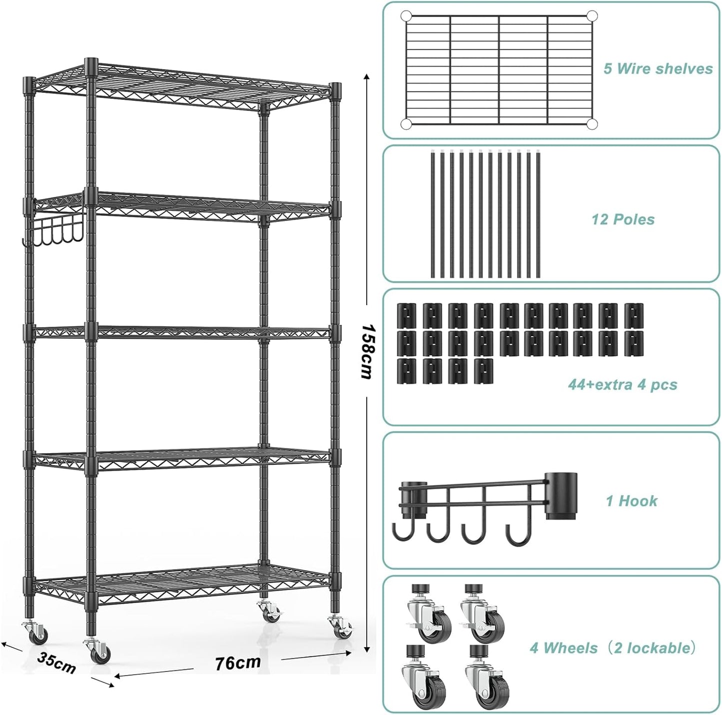 Himimi 5-Tier Storage Shelf Wire Shelving Unit on Wheels Heavy Duty Metal Shelves Adjustable Steel Rack Organization for Kitchen Garage Basement, Black