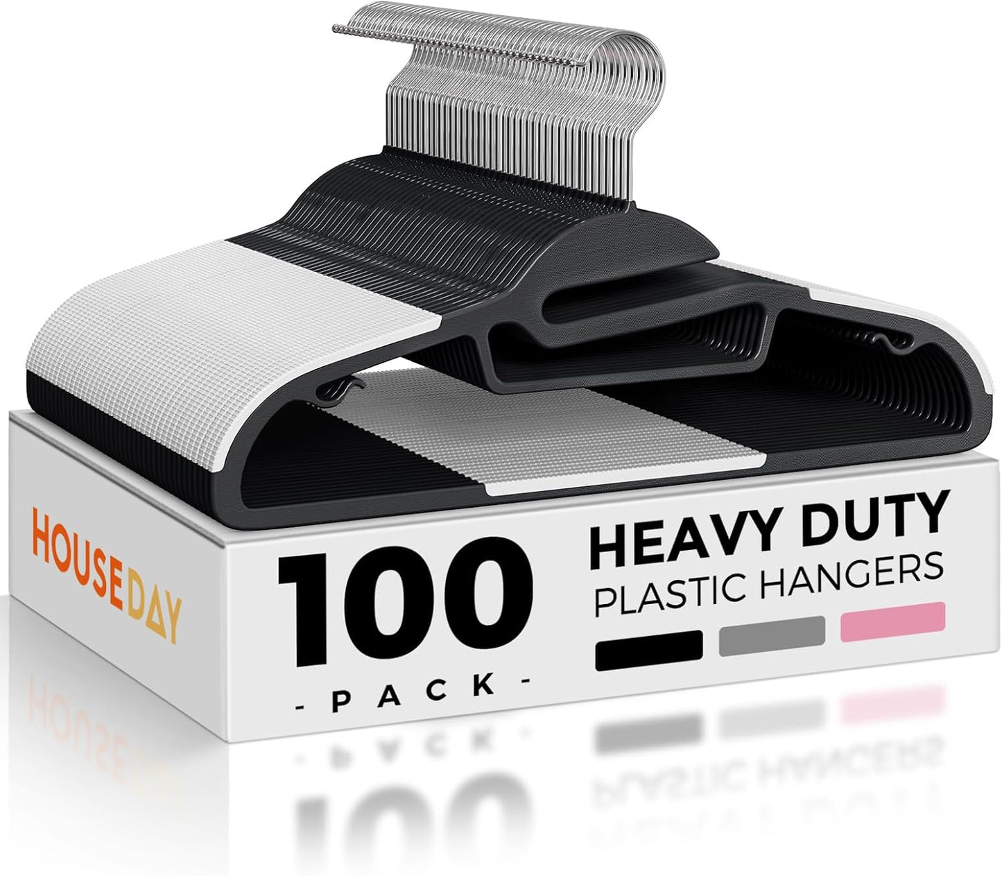 HOUSE DAY Heavy Duty Plastic Hangers 100 Pack, Black Slim Clothes Hangers Space Saving, Non Slip Hangers with Rubber Pads, Durable Coat Hangers for Closet, S-Shaped Hanger for Shirt, Suit, Pant, Skirt