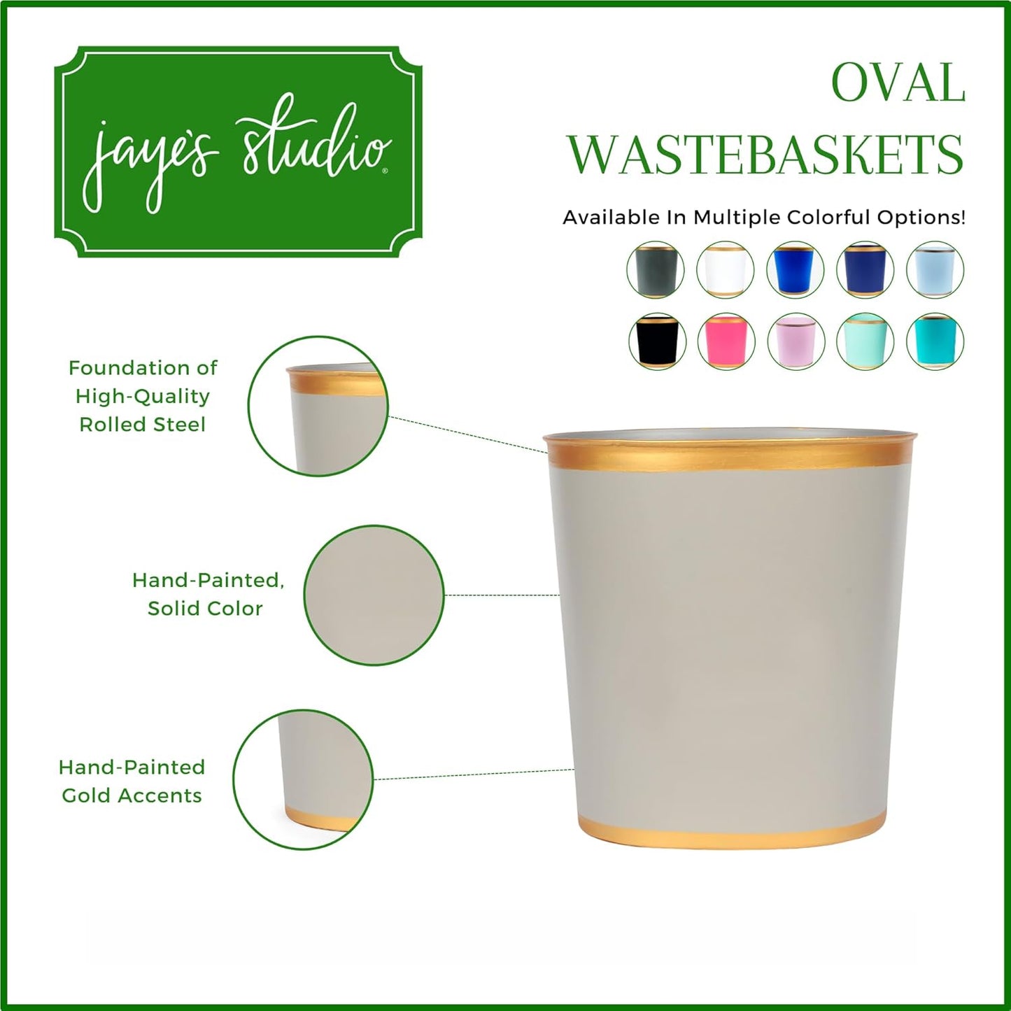 Jaye's Studio Mattie Oval Waste Basket for Bathroom Decorative, Gold Trim & Finish, Hand-Painted, Handcrafted Metal Wastebasket, Garbage Bin & Trash Bin for Bedroom, Office, 12" x 10" x 8" (Taupe)