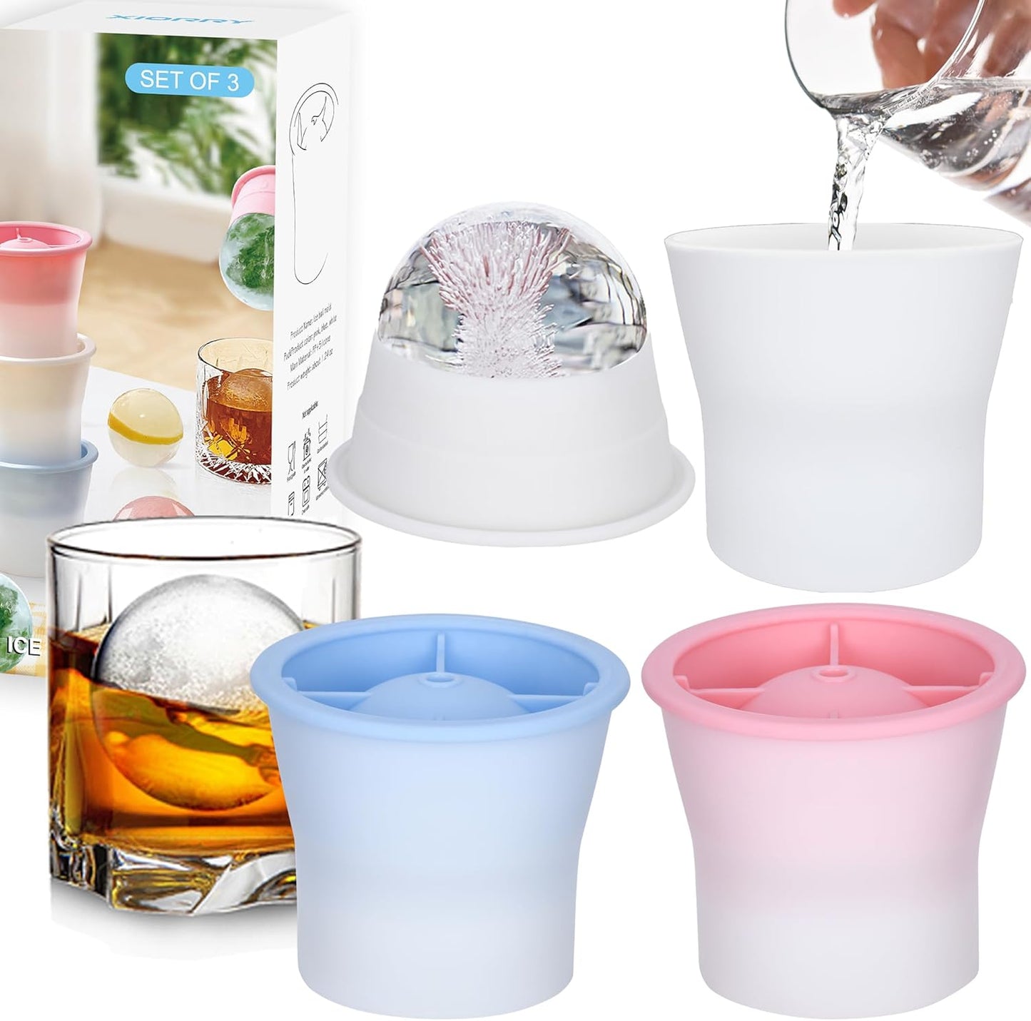 Round Ice Cube Molds 3 Pieces, Silicone Sphere Ice Mold Maker, Stackable Easy Release Circle Ice Cube Mold with Lids, Spherical Ice Makers with Lids for Whiskey, Cocktails, Bourbon, and Drinks