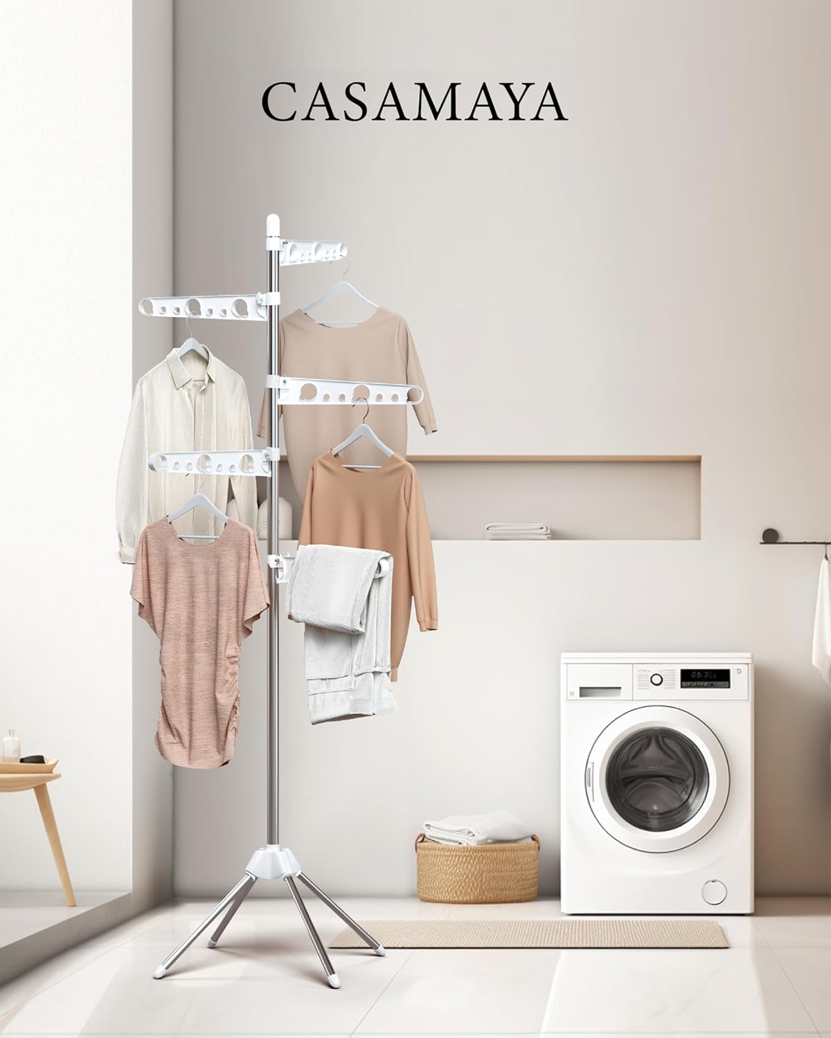 Clothes Drying Rack Foldable, 70.9 inch Tripod Drying Rack for 35 Pieces of Clothes, with Height-Adjustable Rotatable Clothes Rails, Space Saving, Stainless Steel, White and Silver CDR005W01