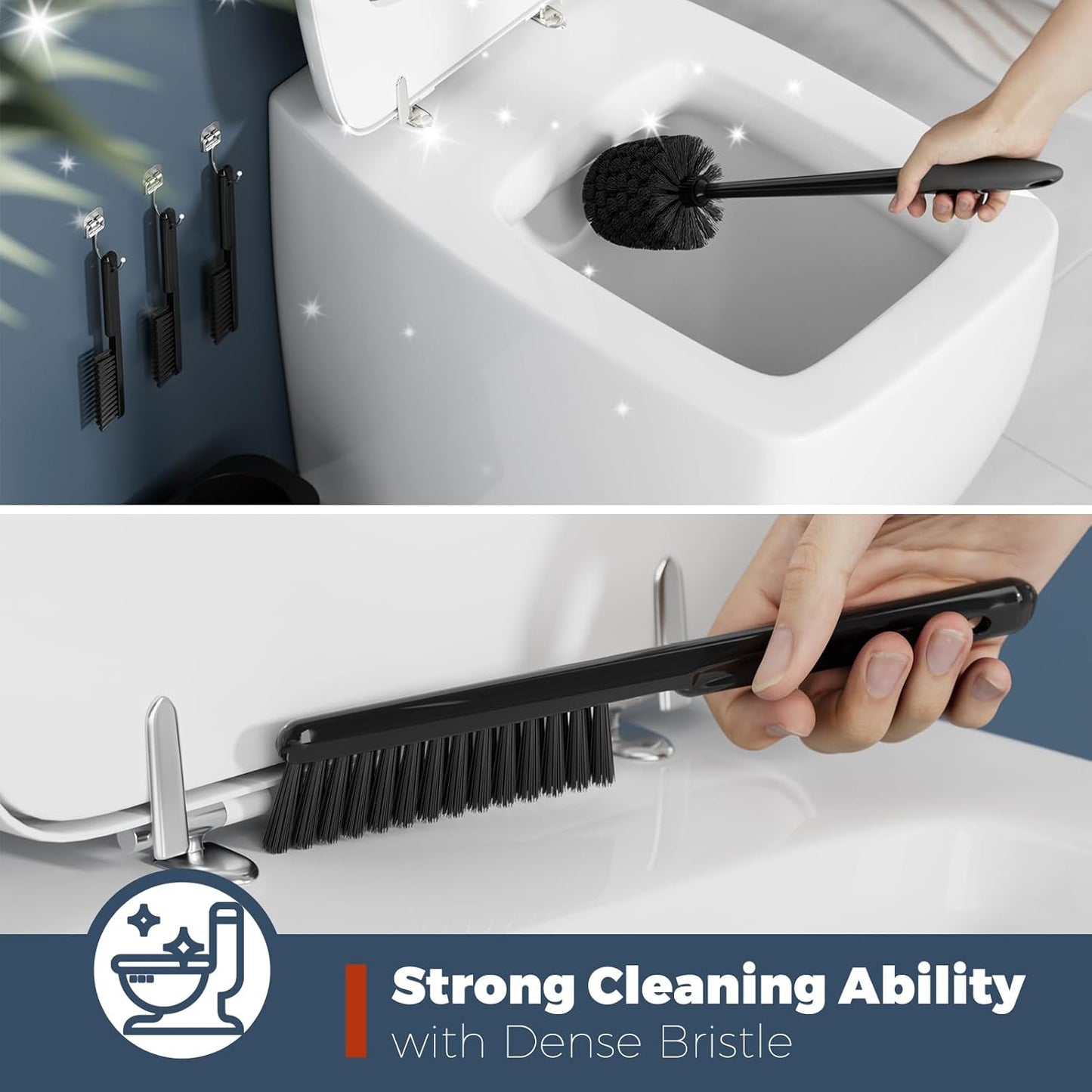 Toilet Brush, 3 Pack Toilet Brush and Holder Set Bathroom Accessories, Toilet Bowl Brush and Holder with 3 Crevice Brush for Bathroom, Toilet Scrubber Brush (Black)