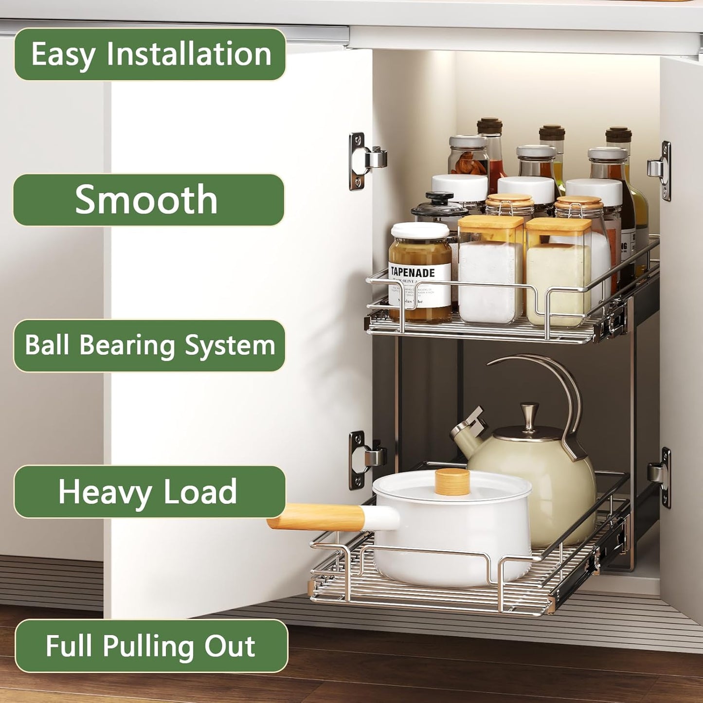 2 Tier Individual Pull Out Cabinet Organizer 10½" W x 18" D, Heavy Duty Cabinet Pull Out Shelves, Slide Out Drawers Organization for Kitchen Cabinets Bathroom