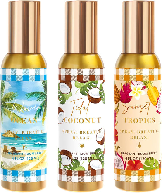 Room Spray, Tidal Coconut, Woven Ocean, Sunset Tropics, 3 Pack, Each 4 fl oz, Air Freshener for Home, Long-Lasting Odor Eliminator for Bathroom and Office