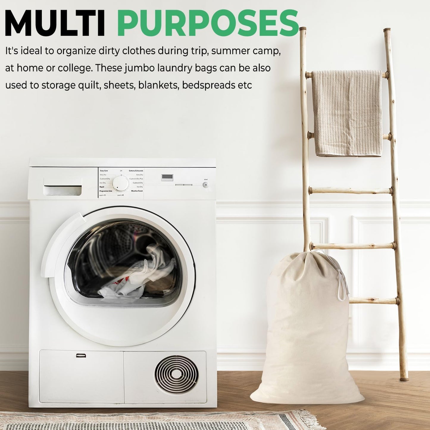 Large Cotton Laundry Bag, Heavy Duty Large Laundry Bags 24 x 36 inch Drawstring Travel Organizer Bag Fit Hamper Basket Camp (Beige, Pack of 1)