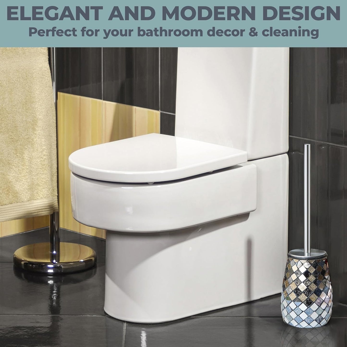Escenzy Modern Toilet Brush and Holder Set Mosaic Glass | Non-Rustic Stainless Steel | Practical & Decorative Toilet Bowl Brush and Holder | Luxury Black and Gold Bathroom Accessories