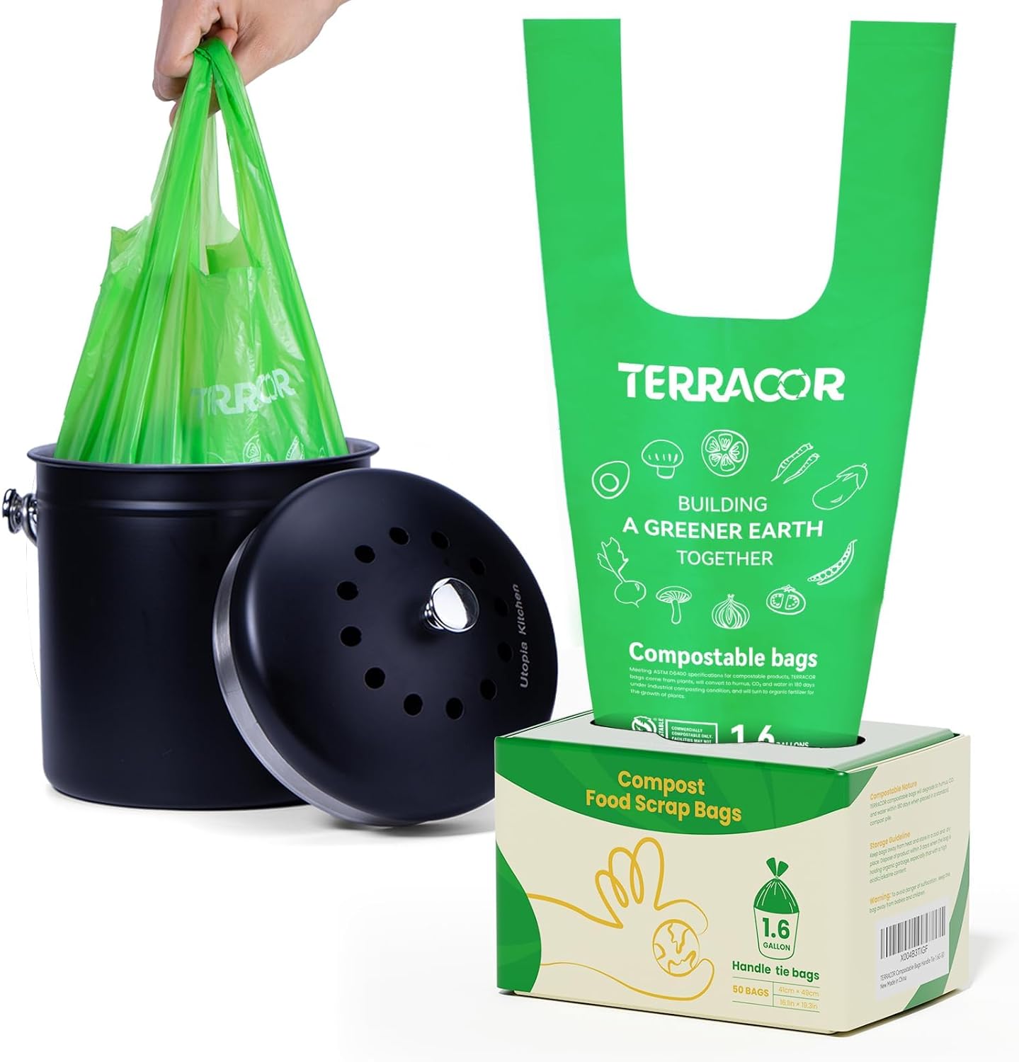 1.6 Gallon Compostable Food Scrap Bags Handle Tie for Kitchen Countertop Bin, 6 Liter Small Compost Bags, 50 Count, BPI Certified and Meet The ASTM D6400 Standard