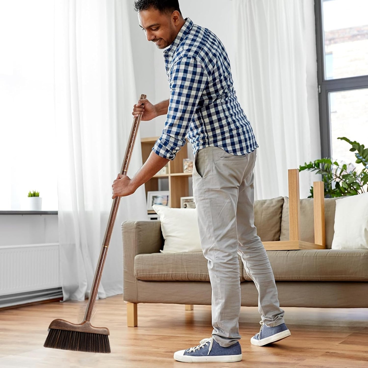 Wood Angle Broom – 44.8” Wooden Handle Compact Brooms for Indoor Kitchen – Soft PP Bristles, Durable Sweeping Broom