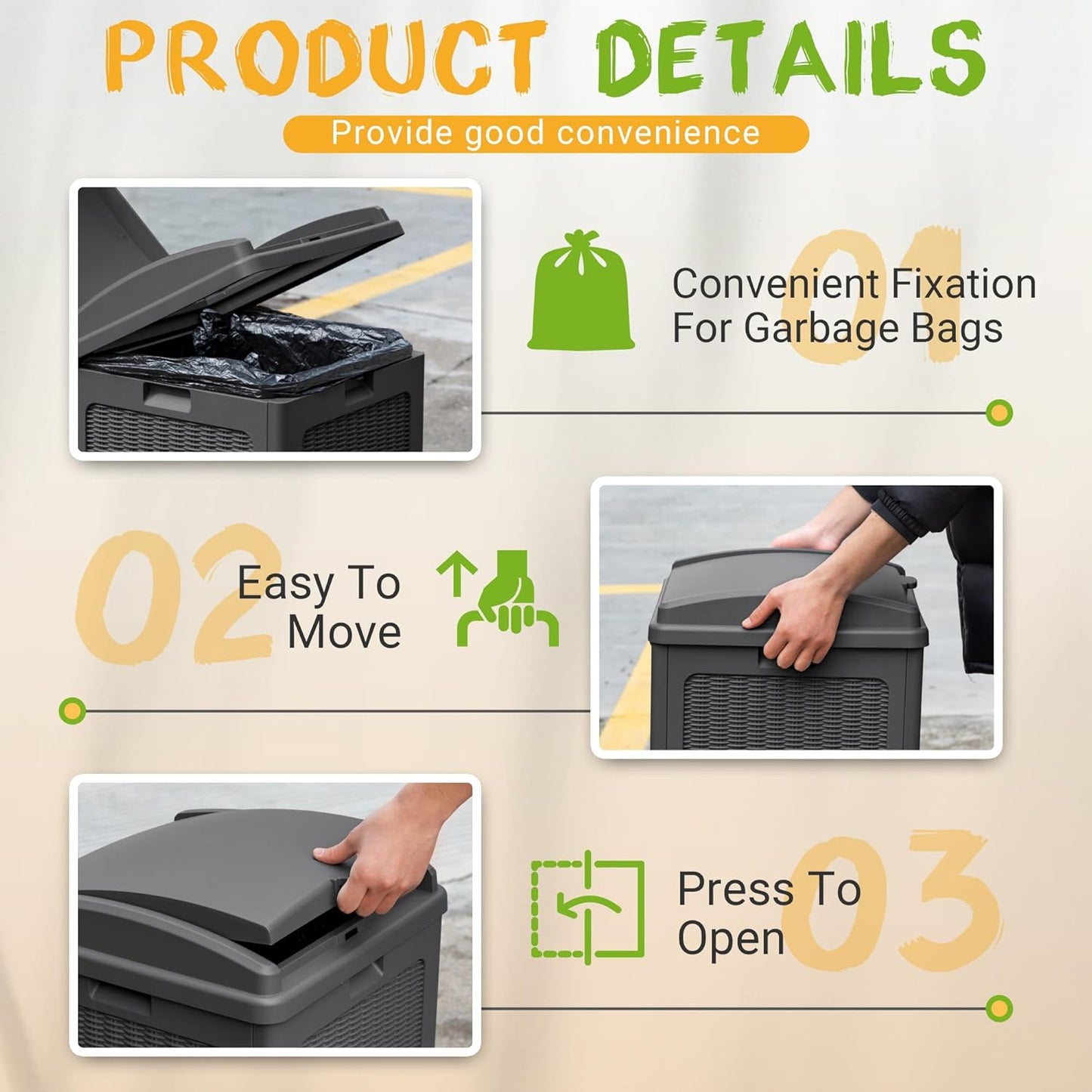 YESHOMY 4 Pack Outdoor Trash Can with Lid, Garbage Bins for Garden, Porch, Home and Kitchen, Gray