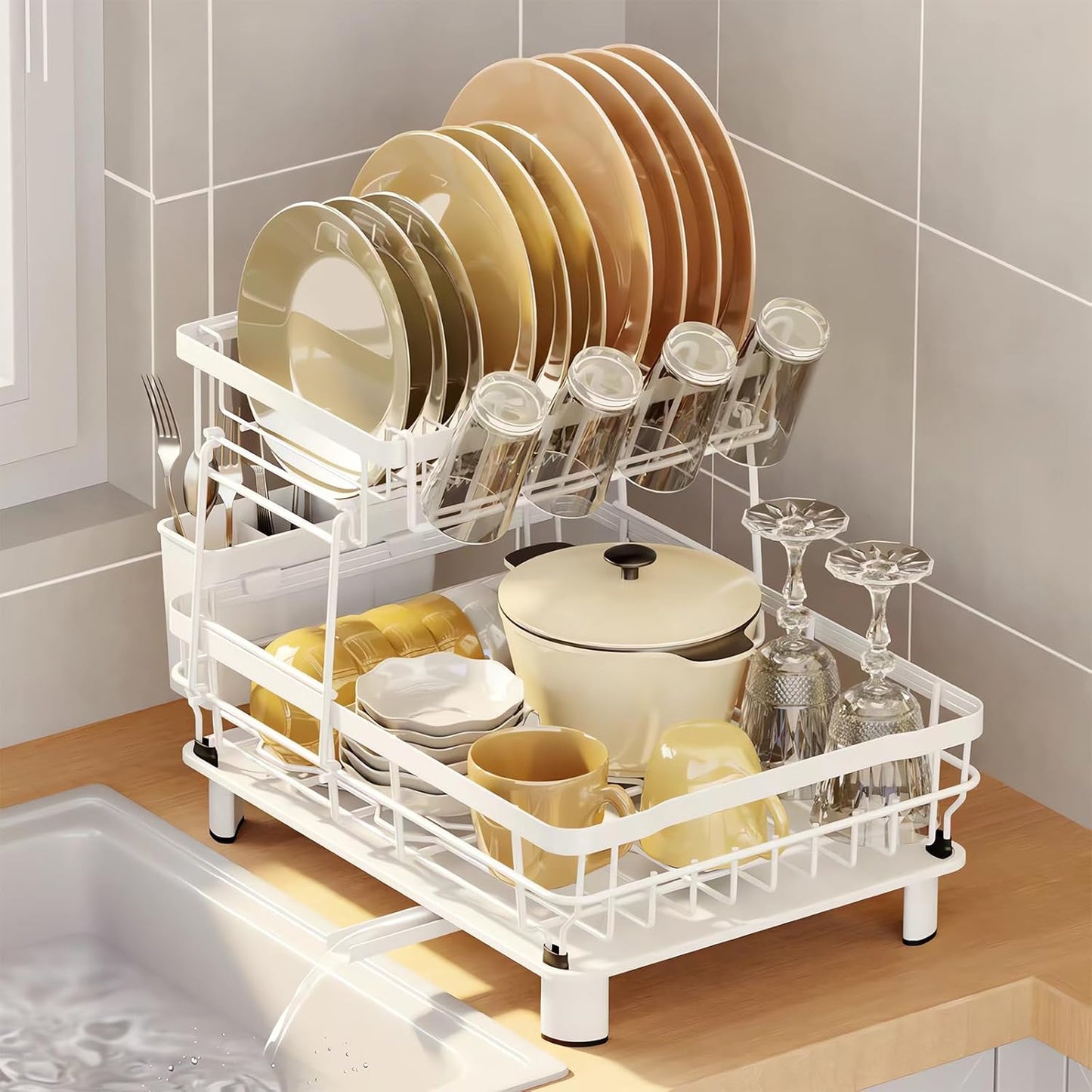 Dish Drying Rack, Space Saving & Durable, Rust-Proof Large 2 Tier Stainless Steel Dish Racks for Kitchen Counter with Cutlery & Cup Holder & Drainboard -White