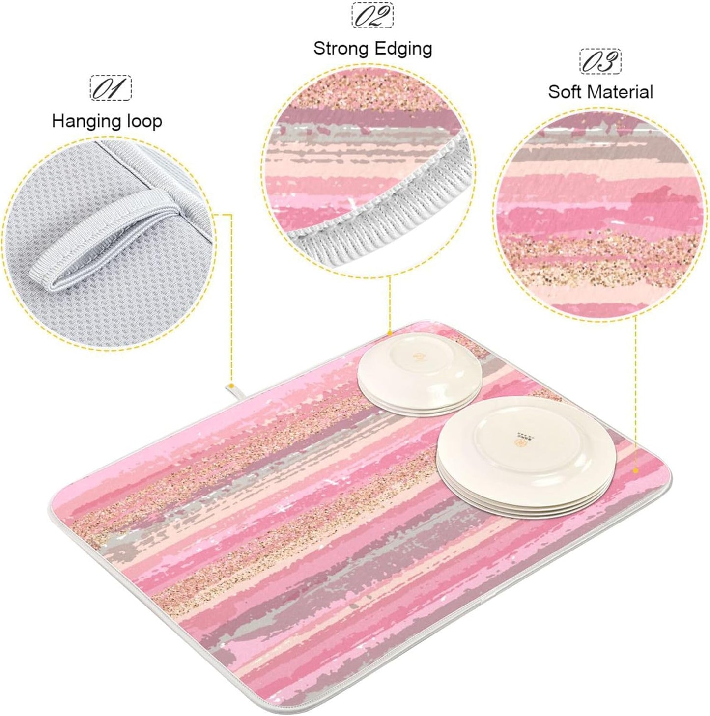Pink Gold Stripe Dish Drying Mat for Kitchen Countertop 18x24 Rectangle Large Drying Mat Reusable Quick Dry Dish Sink Absorbent Mats Dishwasher Easy Clean Decorative Home Decor Essentials
