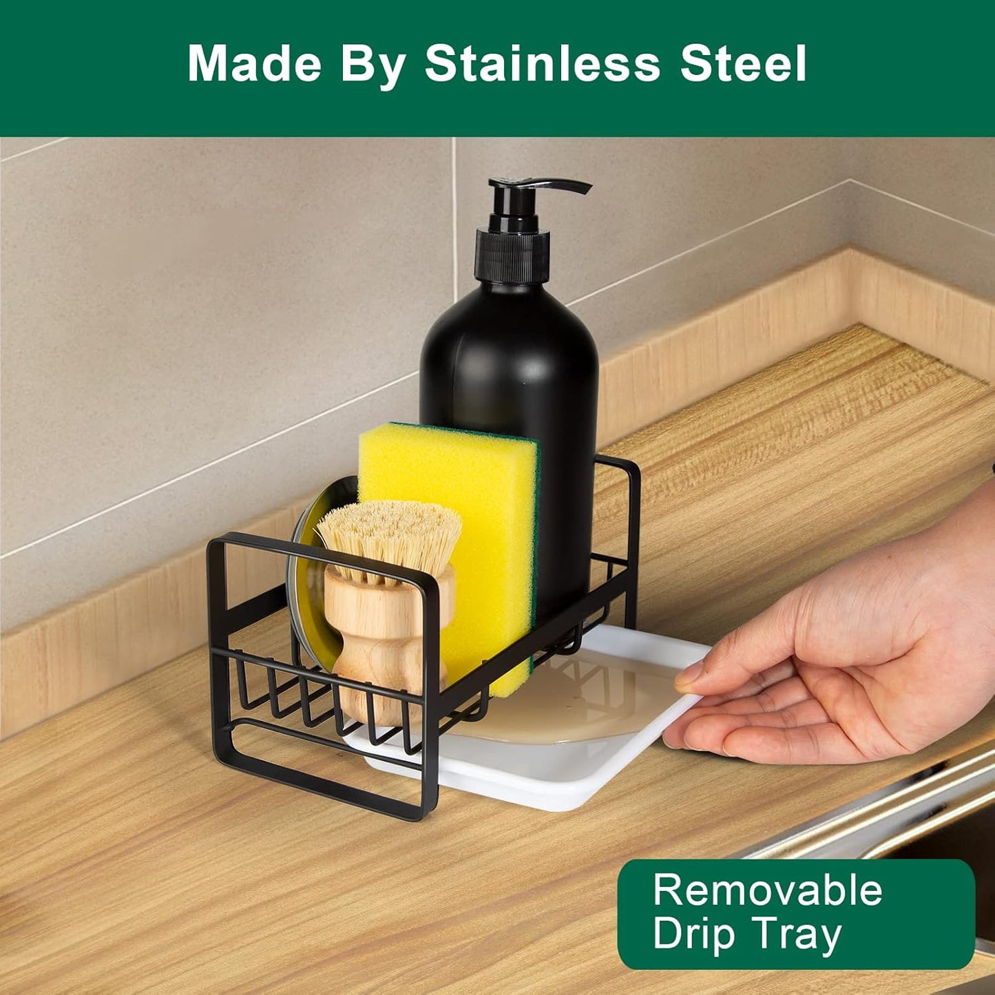 TEZZ Sponge Holder for Kitchen Sink- Stainless Steel Kitchen Sink Caddy for Organizing Sponge, Brush & Soap Dish Dispenser, coutertop Organizer Rack with Adhesive or Counter top, Black