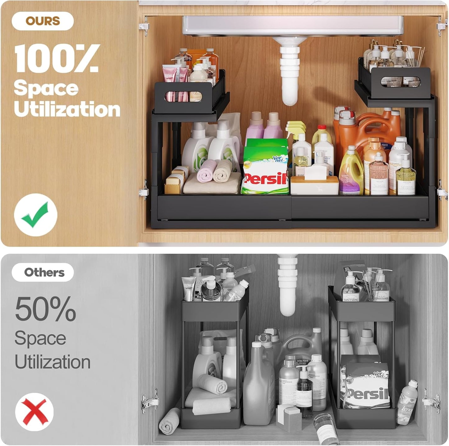 1 Pack-15.7"-25.7"W Expandable Under Sink Organizer With Upgrade Ball-Bearing Slide,2-Tier Pull Out Under Cabinet Organizer Height Adjustable,Not Suitable For Cabinets With Partitions In The Middle