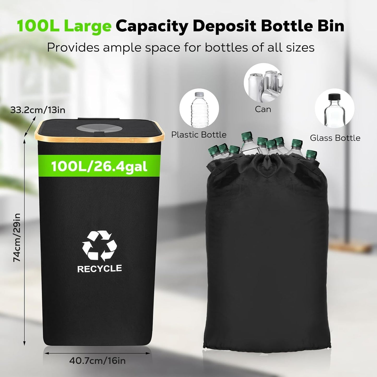 Recycling Bin for Kitchen 100L, 26 Gallon Recycle Bin with 2 Removeable Reusable Waterproof Inner Bag, Large Recycling Bin with Lid for Bottle Can Plastice Stickers (Black)