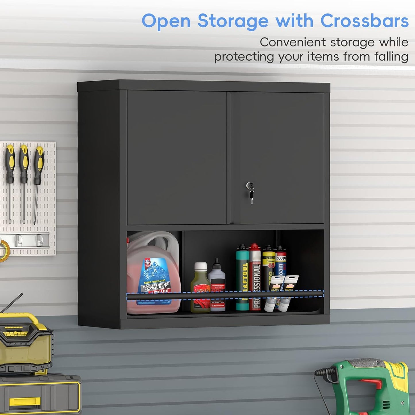 Locking Cabinet, Black Wall Storage Cabinet with Shelves, Hanging Cabinets with Open Storage, Small Wall Cabinet, Lockable Tool Cabinet for Basement, School, Office