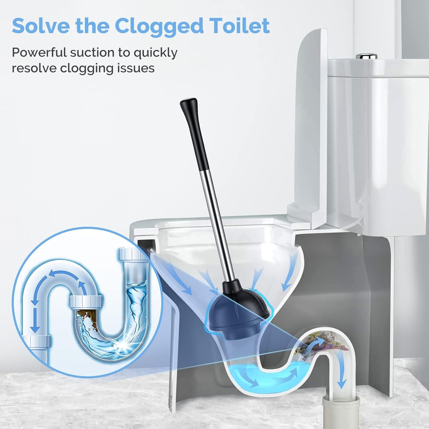 HAMITOR Toilet Plunger and Bowl Brush Set: 2 in 1 Stainless Steel Heavy Duty Toilet Cleaner Plunger with Holder Combo for Bathroom Cleaning - Modern Hideaway Bathroom Accessories with Caddy Stand