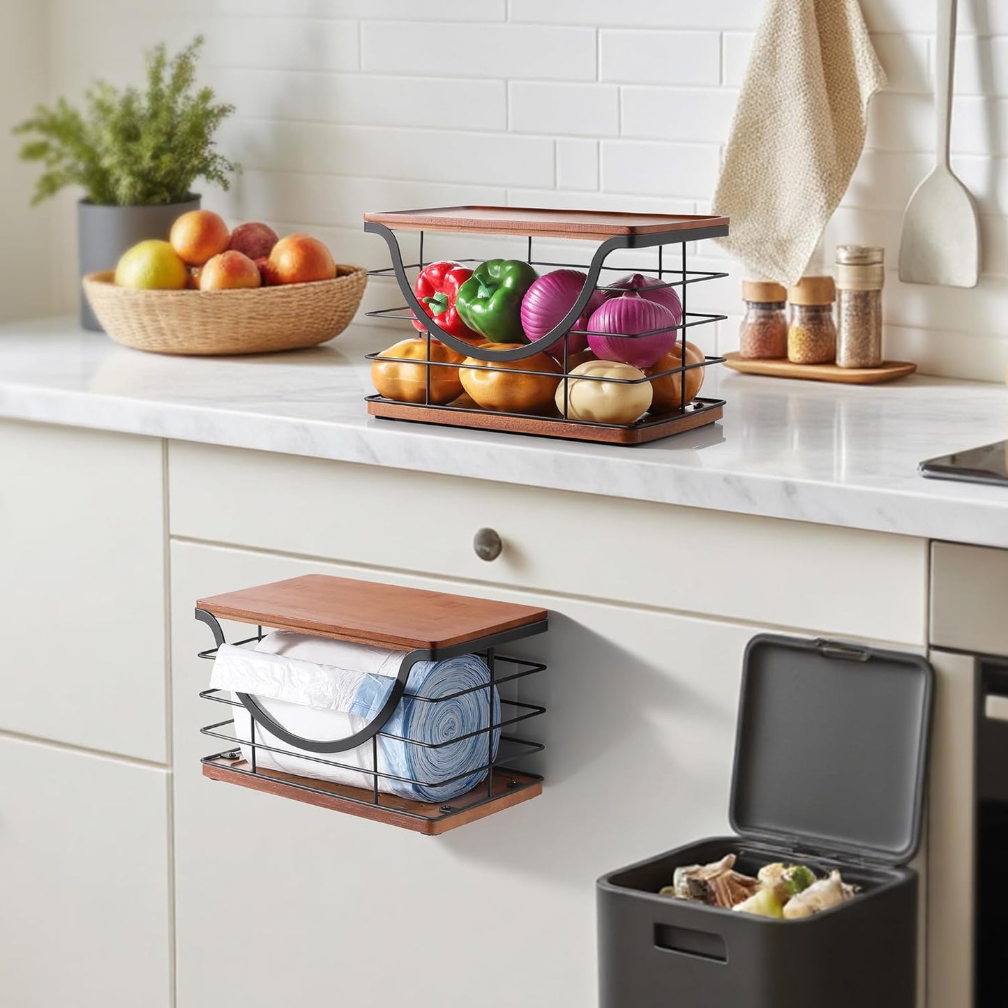 Extra Large Trash Bag Holder Stackable Kitchen Storage, 2 Pack Wall Mounted Pantry Organizers and Storage with Bamboo Top, Garbage Bag Dispenser Under Sink for Laundry Room and Kitchen