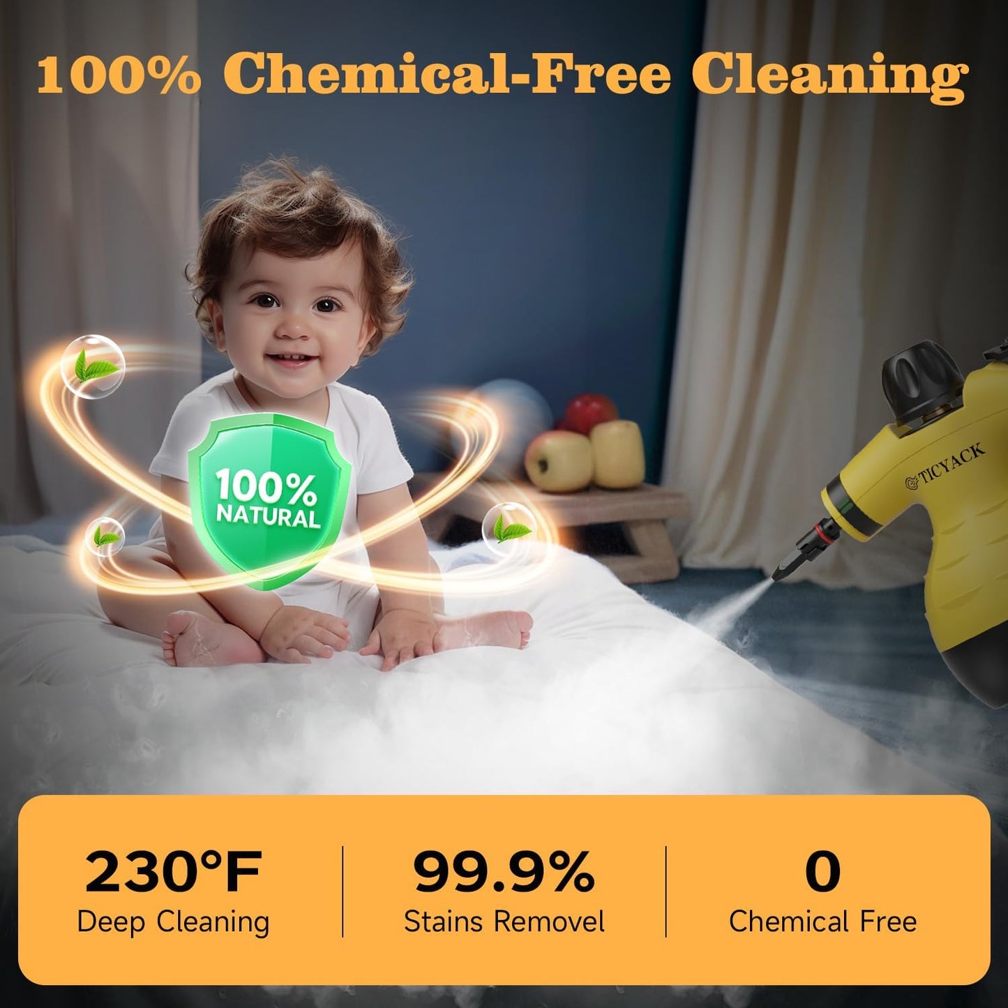 Steam Cleaner, Handheld Steam Cleaner for Home, 16-Piece Steam Cleaner Kit with Automatic Steam Switch, Steamer for Kitchen, Bathroom, Car, Living Room and Multi-Surface Deep Cleaning (Yellow)