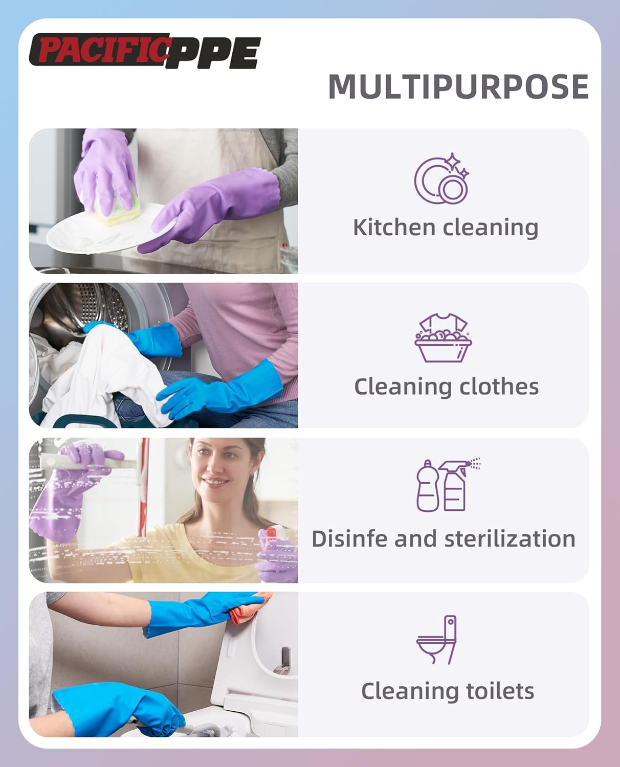 PACIFIC PPE 2 Pairs Reusable Dishwashing Cleaning Gloves, Household, Kitchen, Cotton Liner, Blue, Small