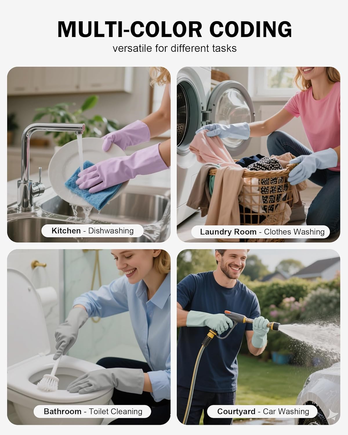 Rubber Cleaning Dishwashing Gloves 4 Pairs Reusable Kitchen Glove for Washing Dishes & Household Bathroom Cleaning Dish Gloves with Flock Lining Anti-Slip Grip Waterproof Thick Long-lasting Colorful M